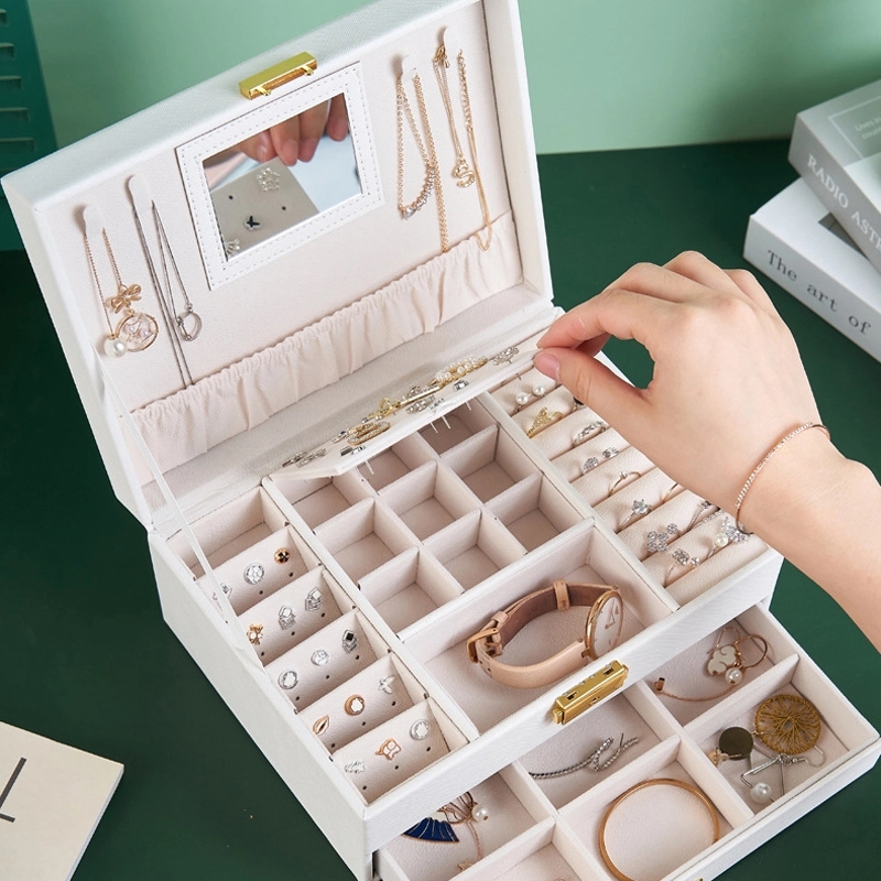 Custom 2-Layer PU Jewelry Organizer Box with Drawer & Mirror 13