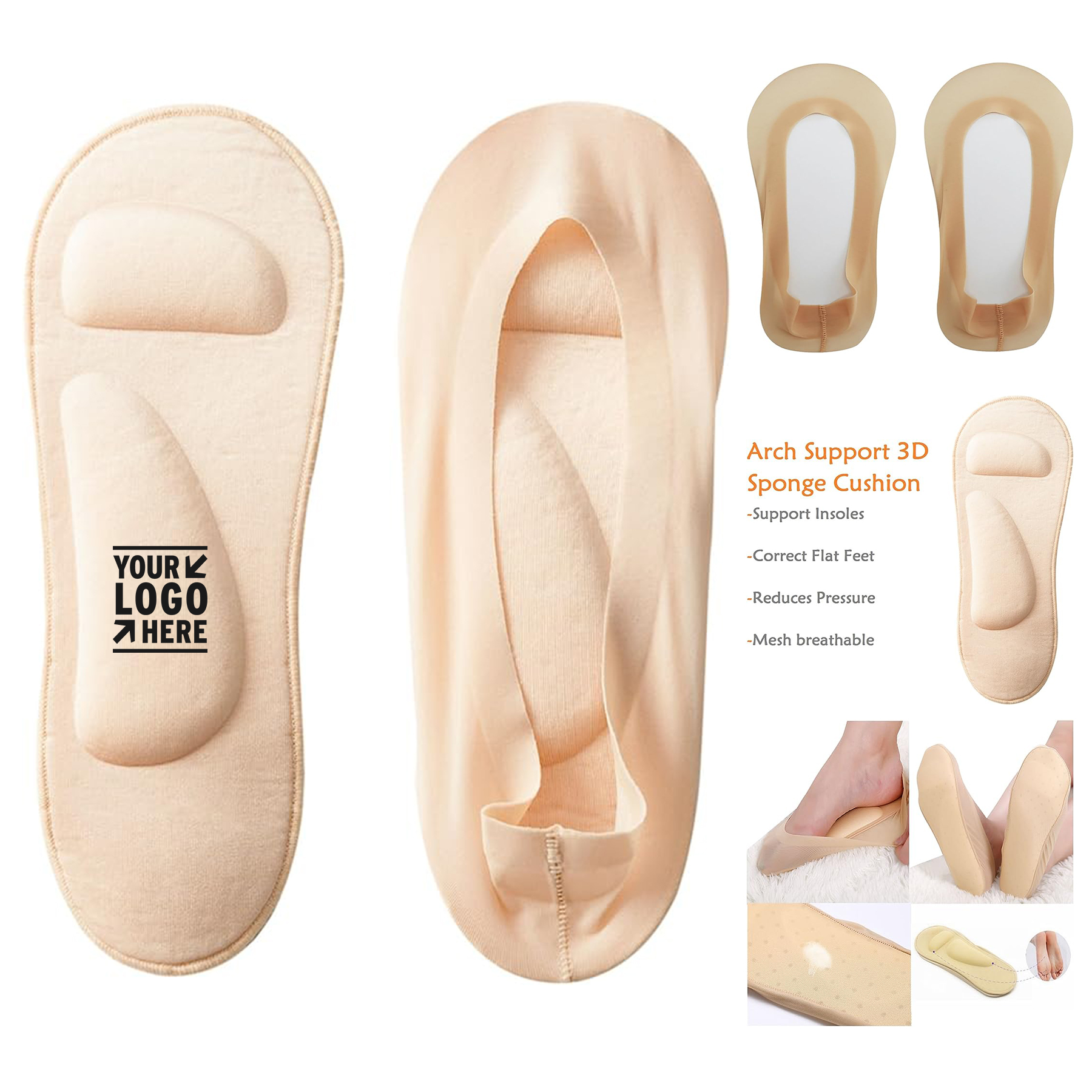 Women's 3D Padded No Show Nylon Socks Sponge Cushion Liner
