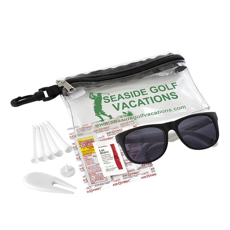 "CHIP" 15 Piece Golf Kit in Supersized Zipper Pack Components inserted into Zipper kit with Carabine 18