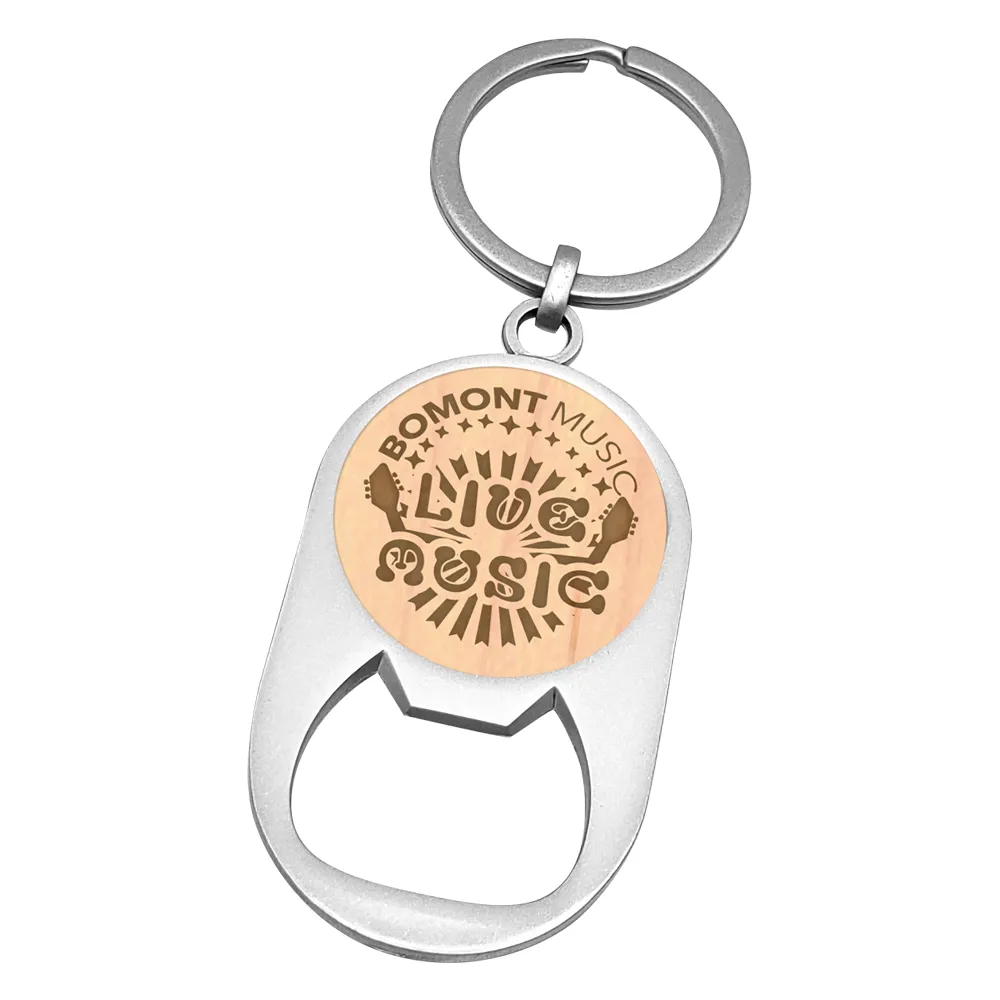 Etched Wood Imprint Bottle Opener Keychain (Round Imprint)