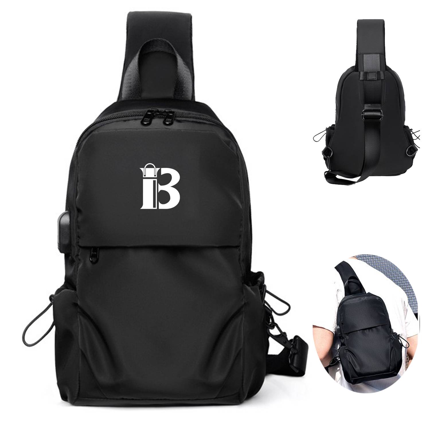 Nylon Small Black Sling Crossbody Bag With USB Charging Port 2