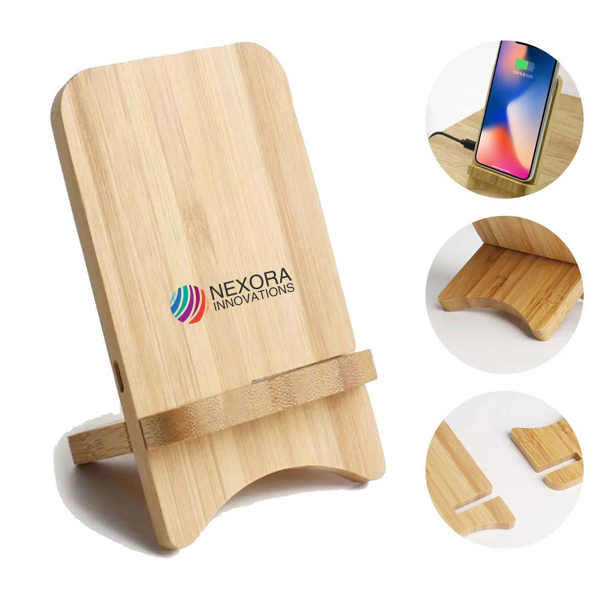 Natural Bamboo Phone Stand with Wireless Charging 2