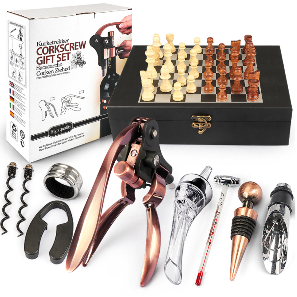 9-Piece Wine Tool and Chess Set Gift Box with Corkscrew 5