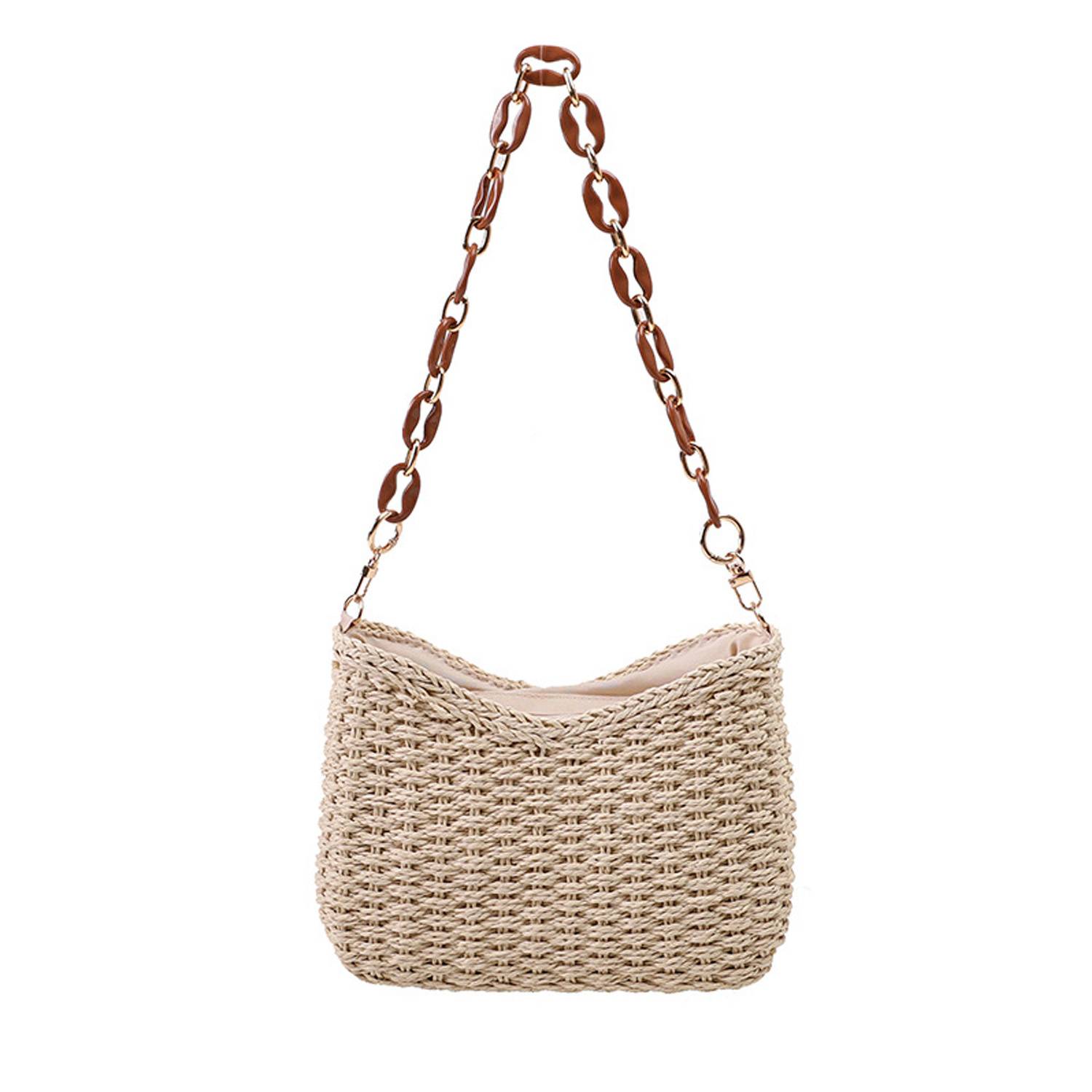 Straw Woven Shoulder Bag Handbag w/ Chain for Beach Travel 2