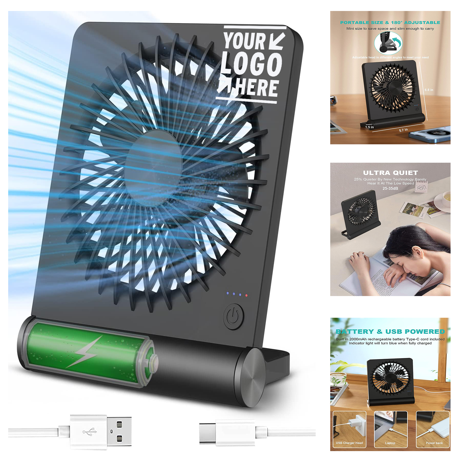 2000mAh Ultra Quiet Strong Wind Rechargeable USB Battery Operated Small 180Foldable Mini Desk Fan