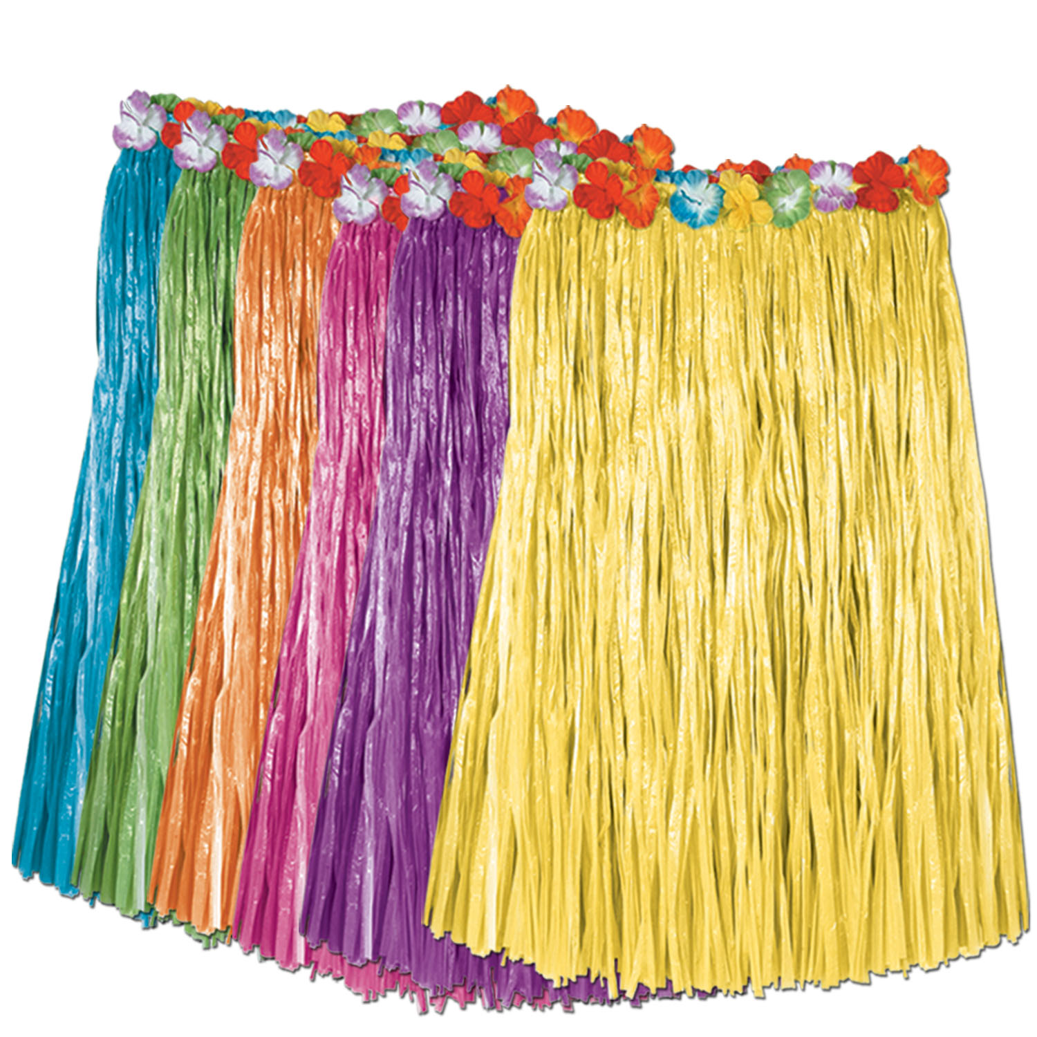Artificial Grass Hula Skirt Assortment w/ Floral Waistband