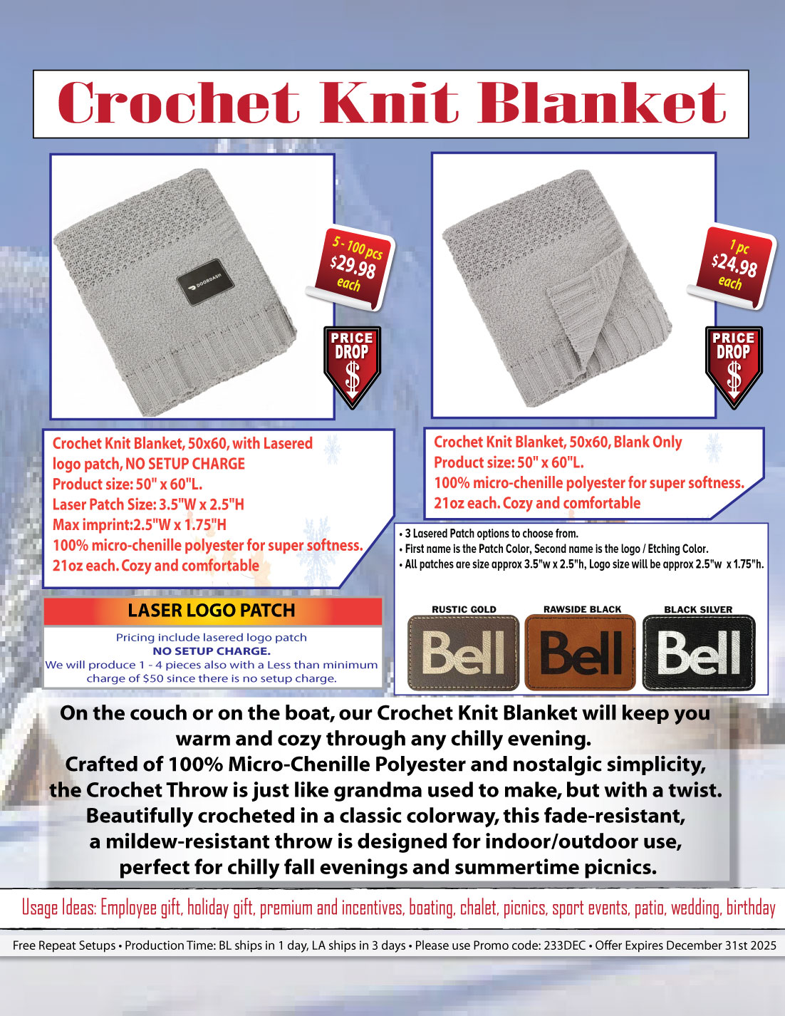 Crochet Knit Blanket, 50x60, Blank Only 1