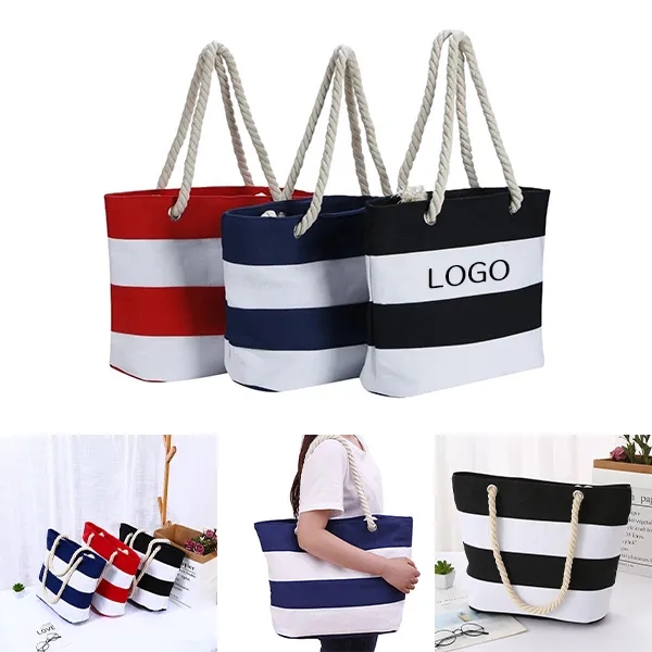 Striped Canvas Beach Tote with Large Bag and Rope Handles 4