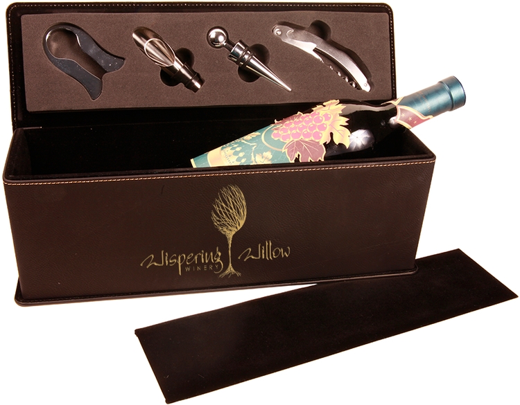 Leatherette Single Wine Box With Tools - Black/Engraves Gold