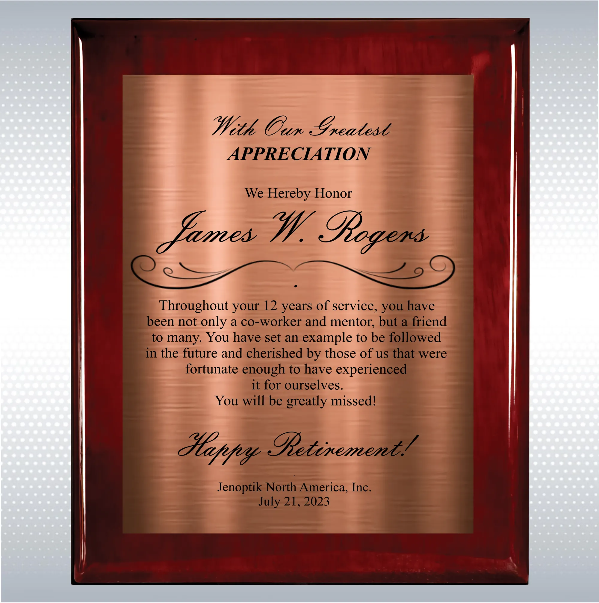 Rosewood Piano Finish Wood Plaque Retirement Gift Award 14