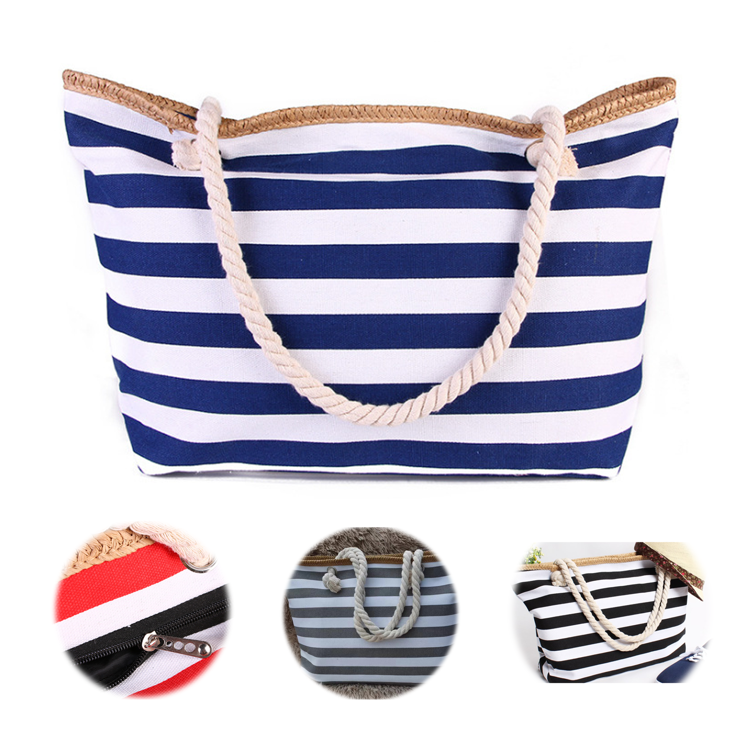 Striped Canvas Beach Tote Bag 1