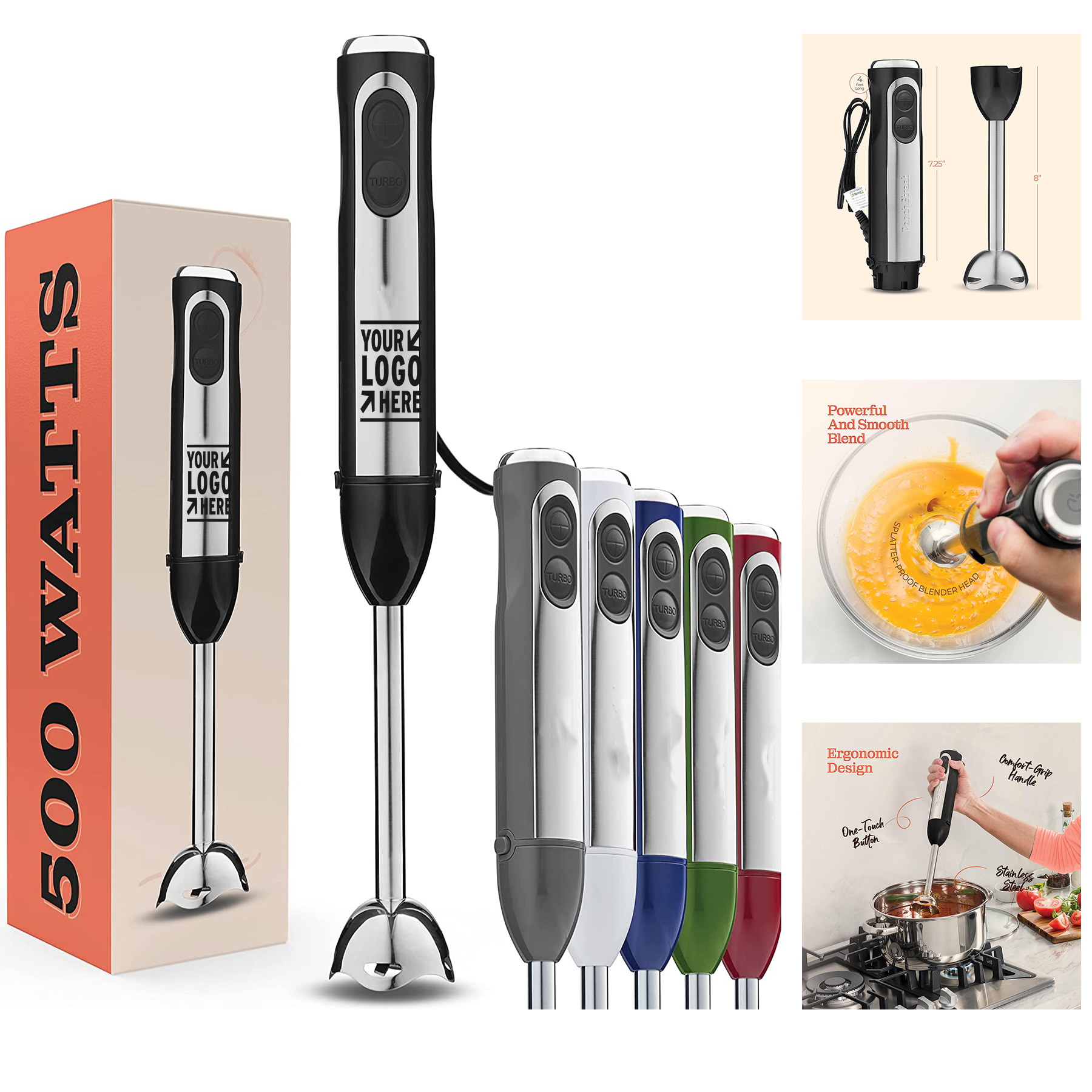 Electric Hand Blender 500 Watt with Turbo Mode, Detachable Base