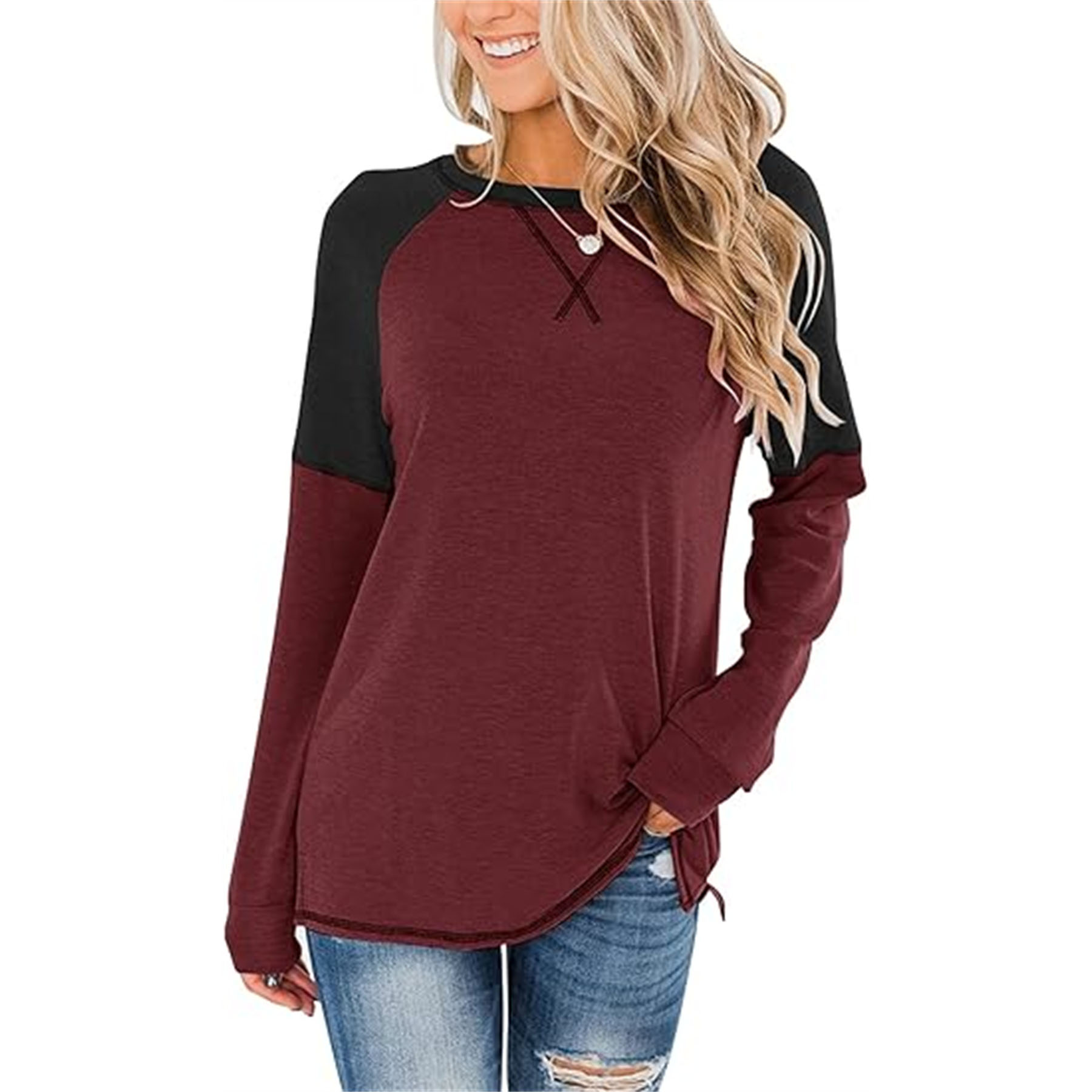 Women's Crew Neck Color Block Blouse 15