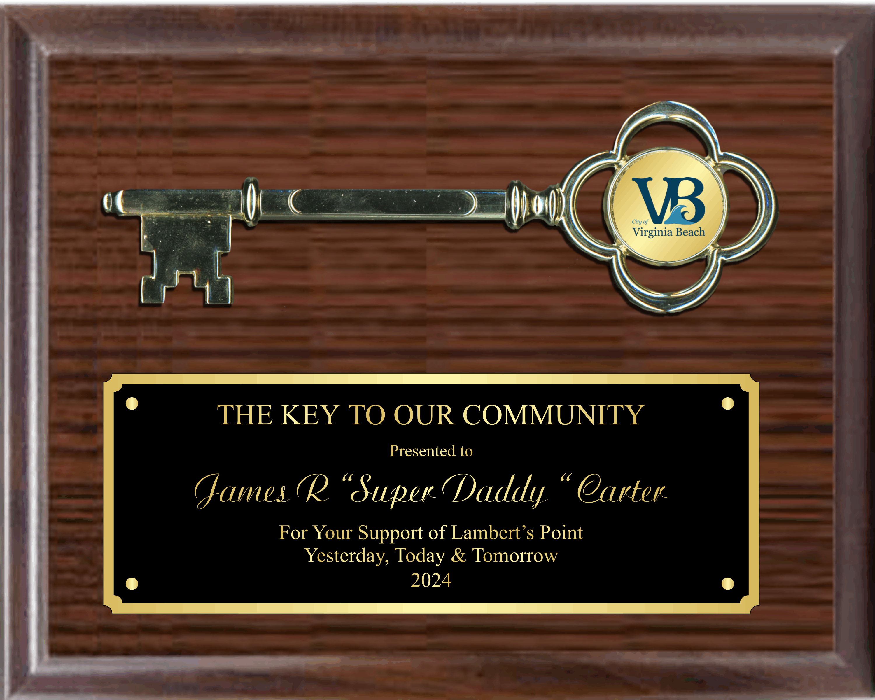 8" Gold Metal Key To The City On 8"X10" Plaque 2