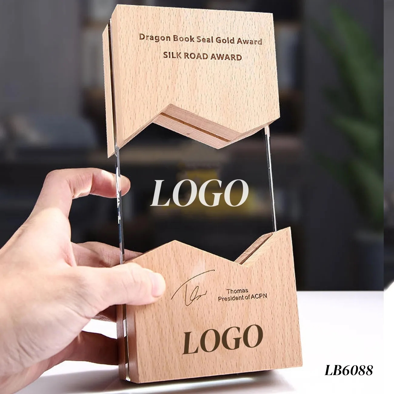 Wooden Plaque Crystal Throphy Award Engraved 2