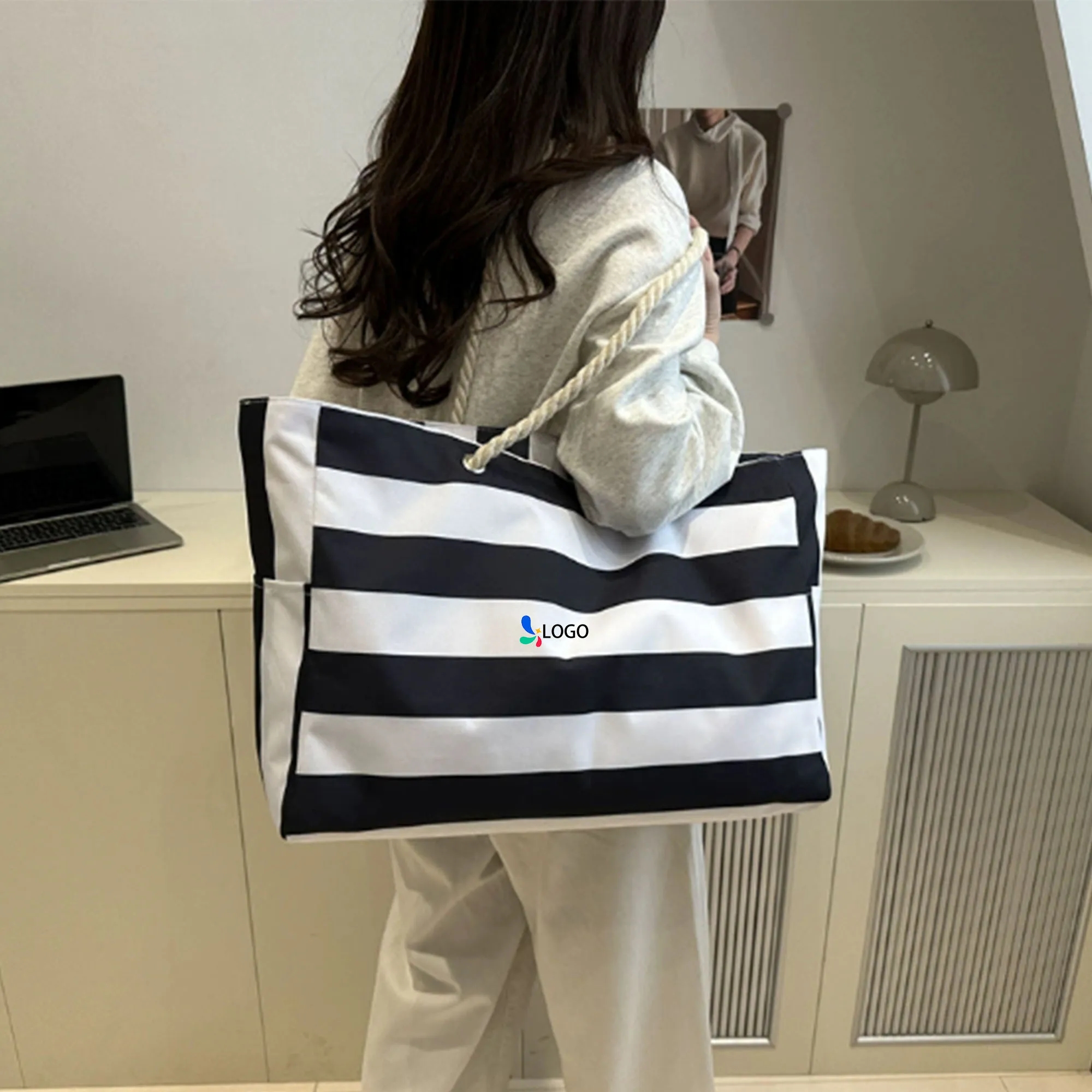 Large Striped Waterproof Beach Tote Bag 1