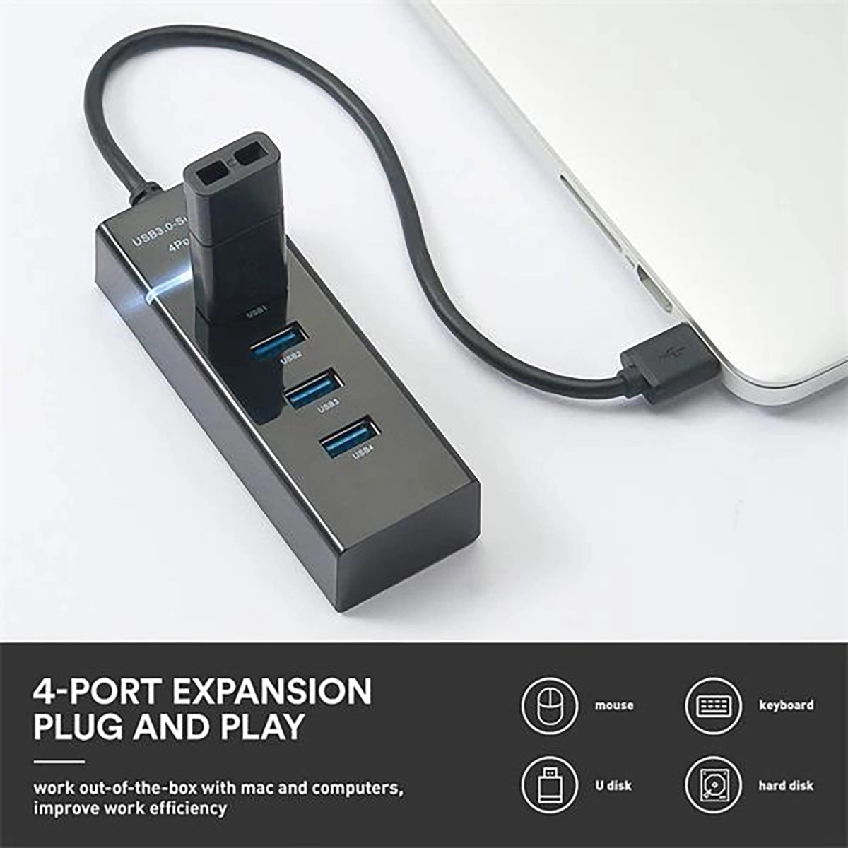 4 Port USB 3.0 Hub with Extended Cable and LED Indicator 2