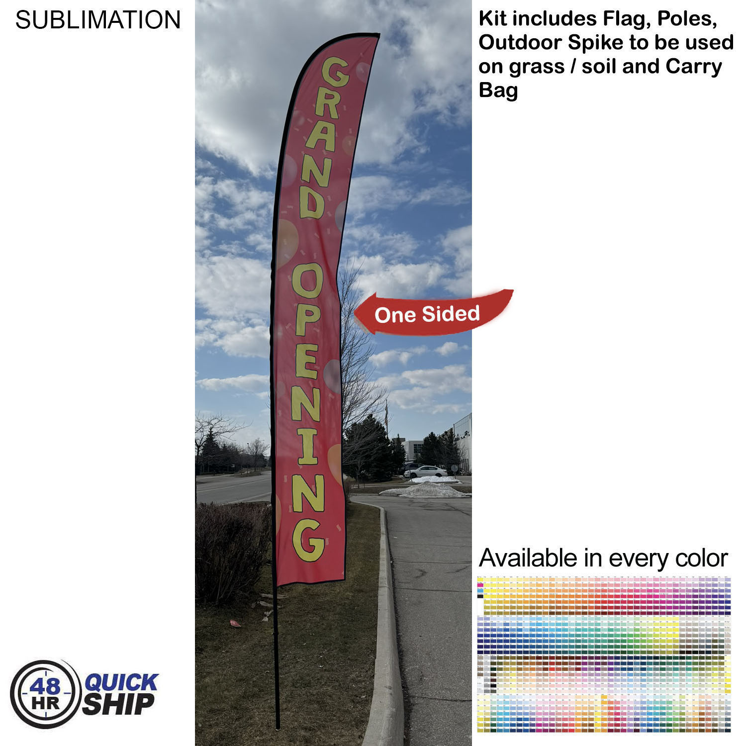 48Hr Quick Ship - 19' X-Large Feather Flag Kit, Full Color Graphics One Side, Spike and Bag Included