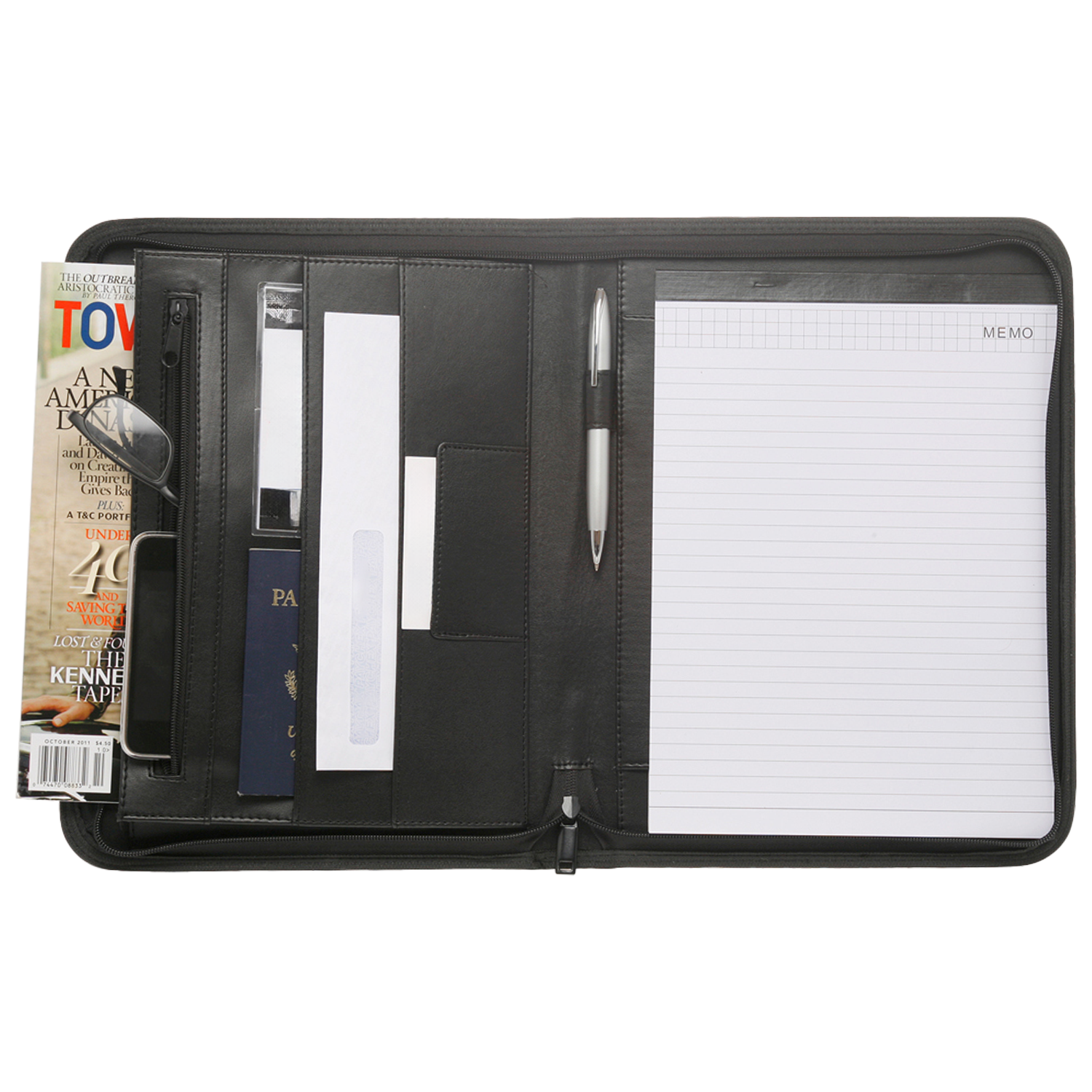 Premium Zippered Leather Portfolio w/ Pen Loop & Two Pockets 2