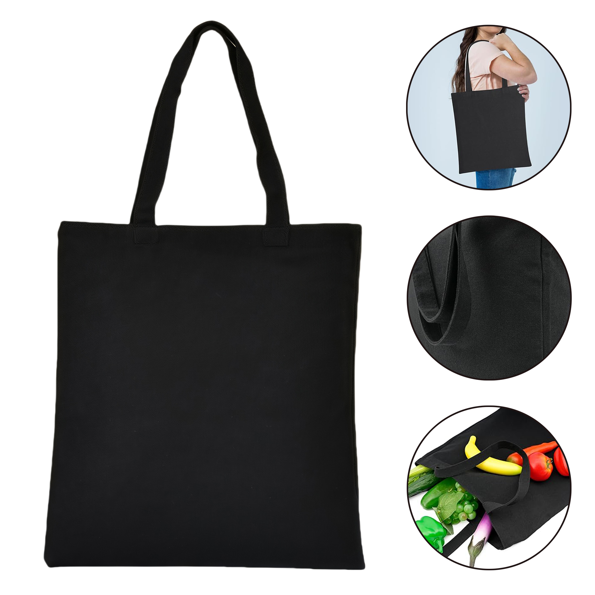 Black Eco-Friendly Canvas Tote Bag Reusable Large Durable Shopping Bag 14x16" 2