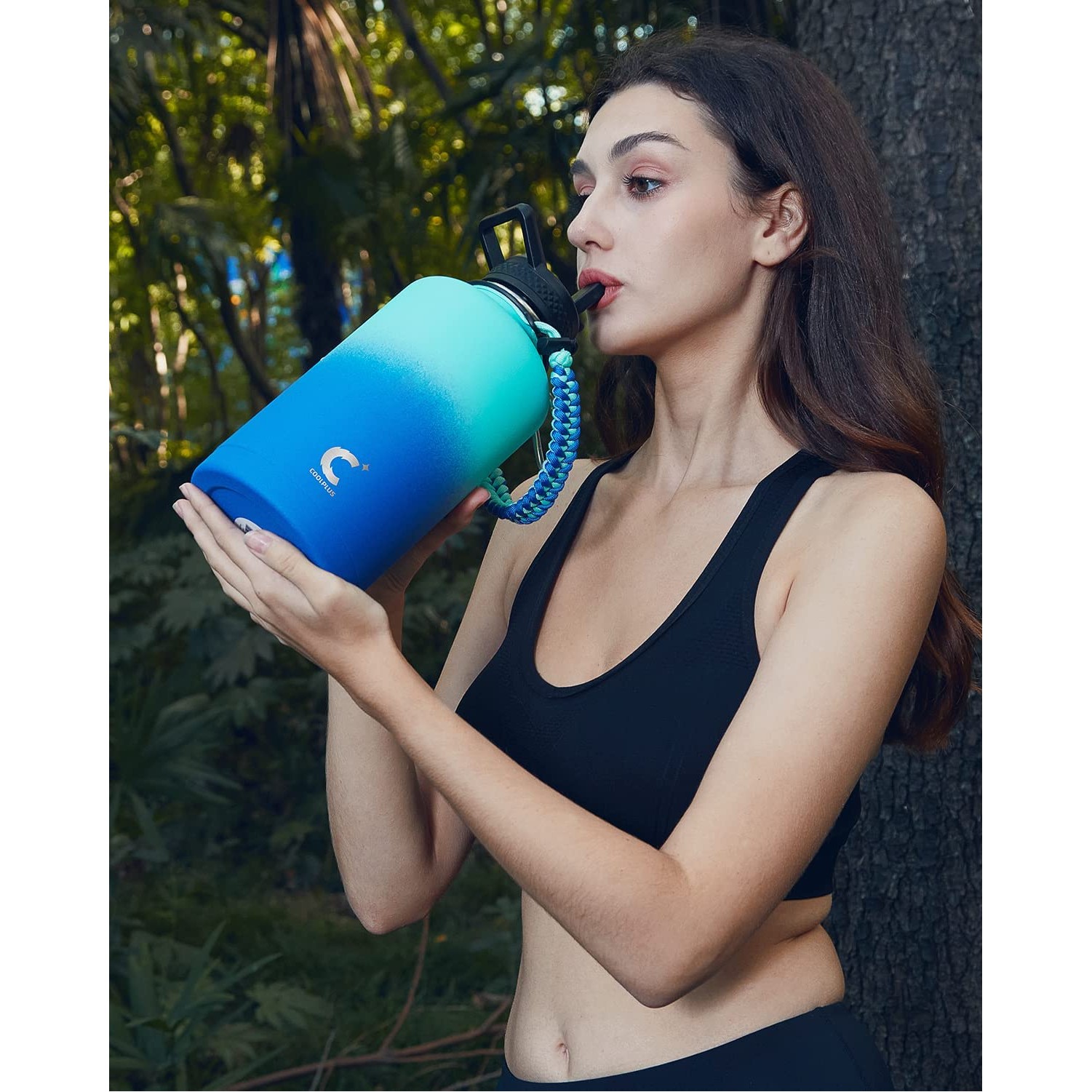 Water Bottle Insulated with Paracord Handle & 3 Lids, 64oz Water Jug Big Large Metal Stainless Steel 2