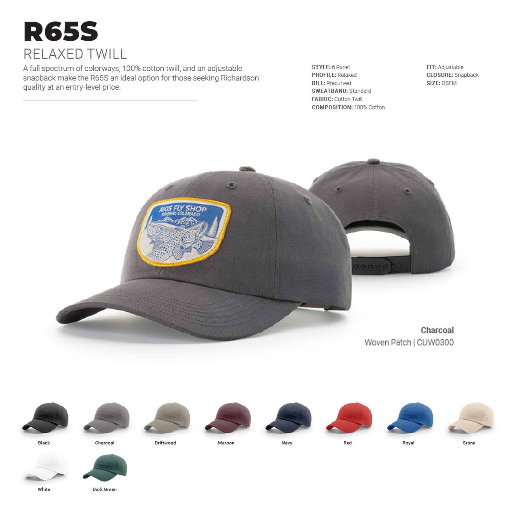 Richardson R65S Relaxed Twill Snapback Hat w/ Embroidery 18