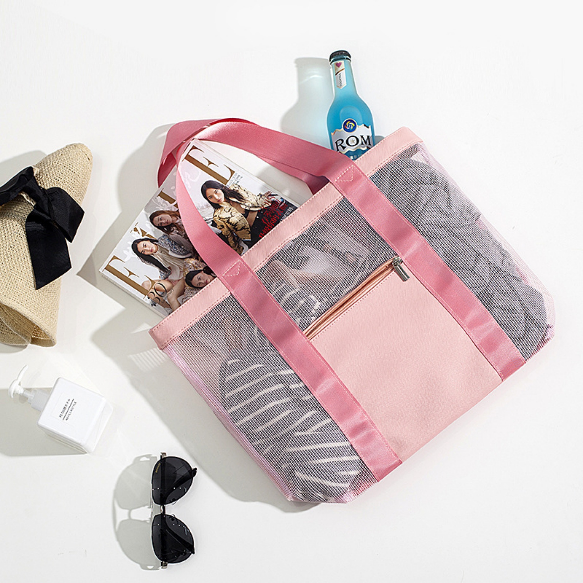 Foldable Mesh Beach Shoulder Bag with Front Zipper Pocket 3
