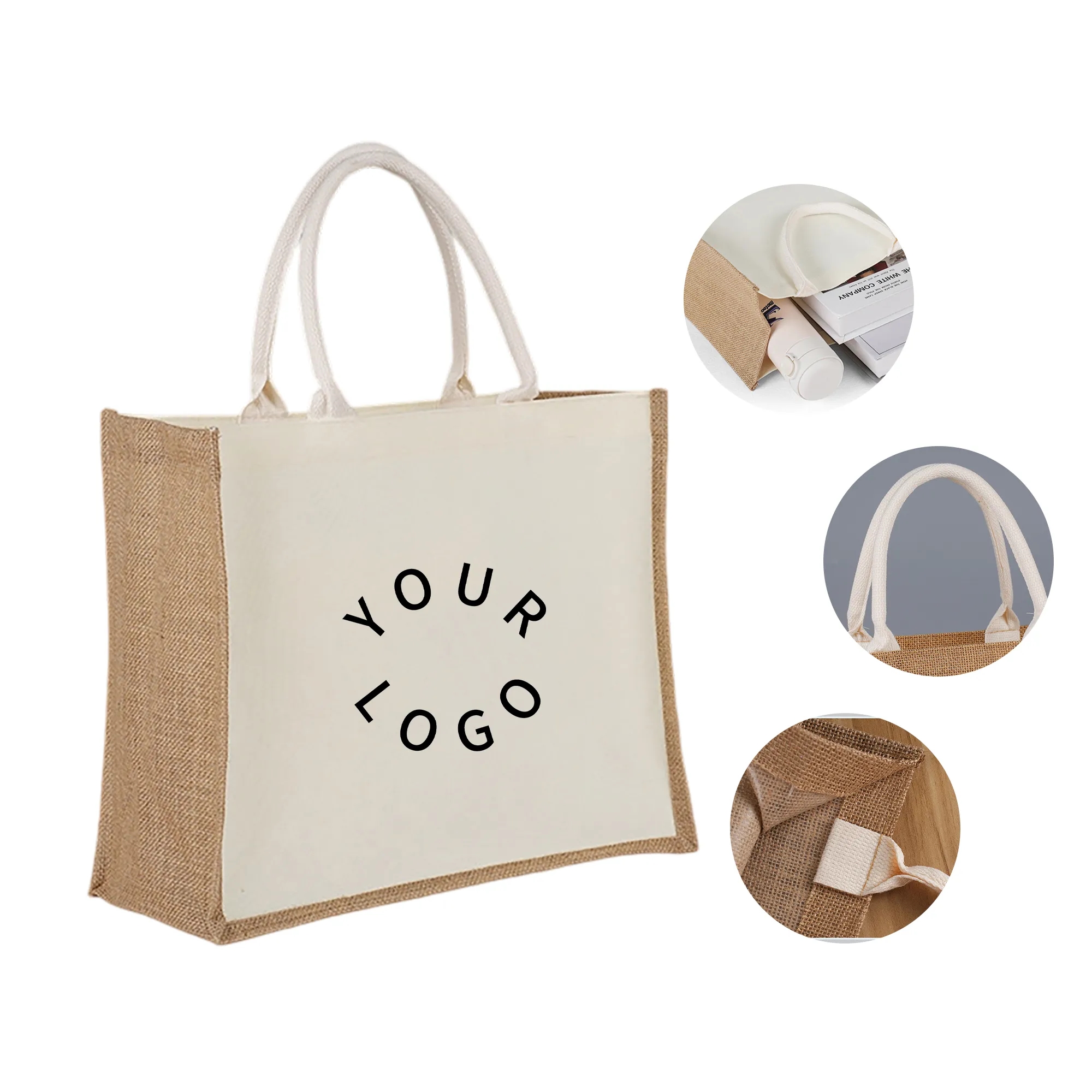 Eco-Friendly Jute Tote Bag with Canvas Panel for Custom Prin, custom tote bag with logo imprint 3