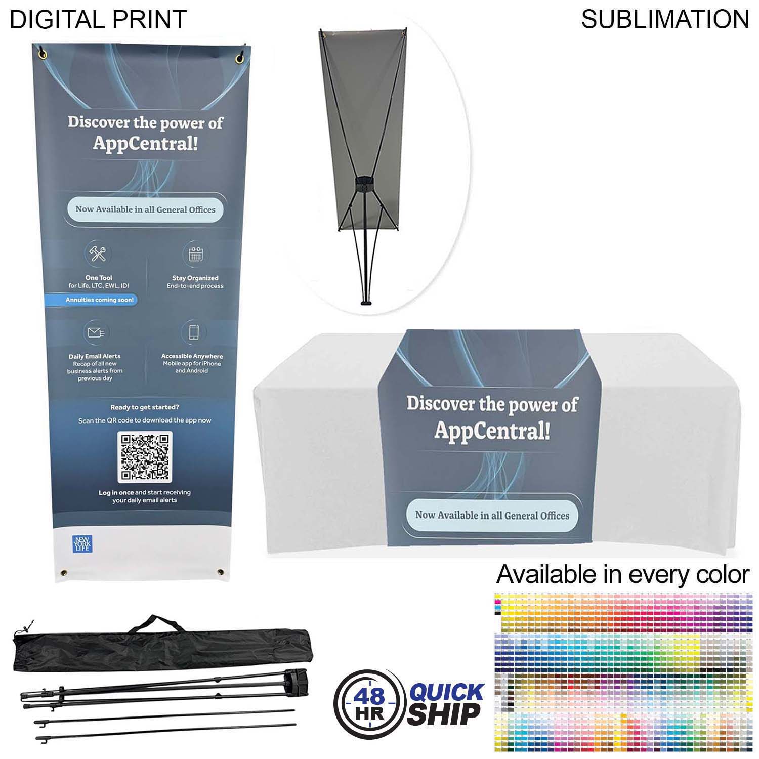 48Hr Quick Ship - Tradeshow Package, Tripod Banner with Graphic DP651 + Sublimated Tablerunner SU520