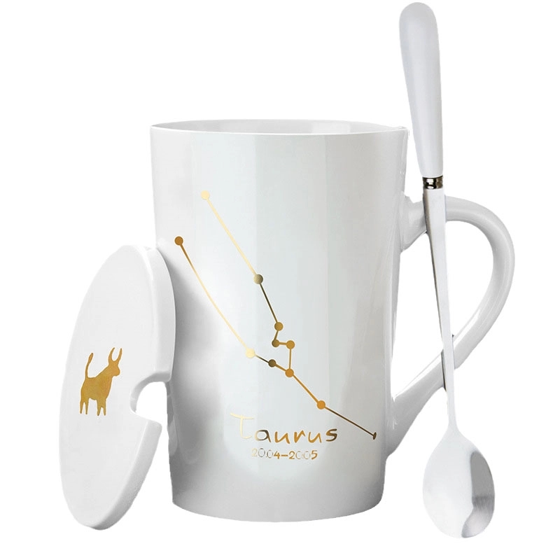 Custom 12 Constellation Ceramic Coffee Mug with lid spoon 3