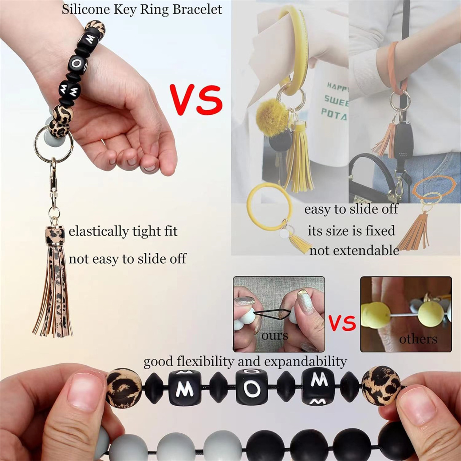 Silicone Beaded Tassel Bracelet Keychain 8