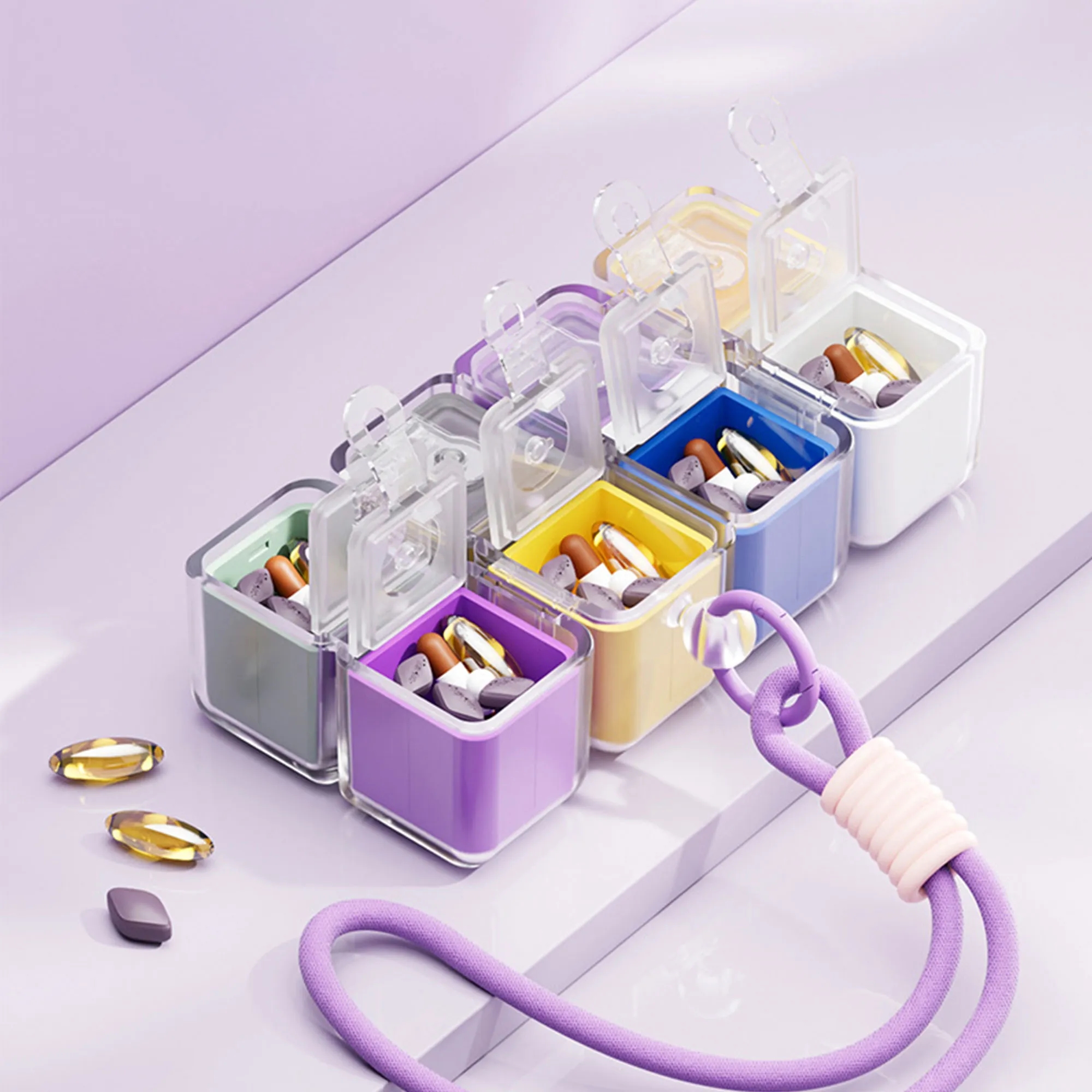 Innovative Rotating Cube Pill Organizer With Hanging Strap 10