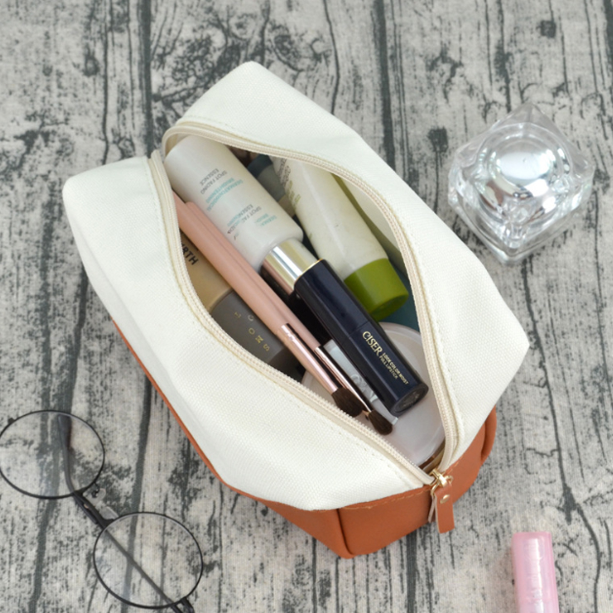 7L Canvas & PU Leather Zippered Cosmetic Makeup Bag 7