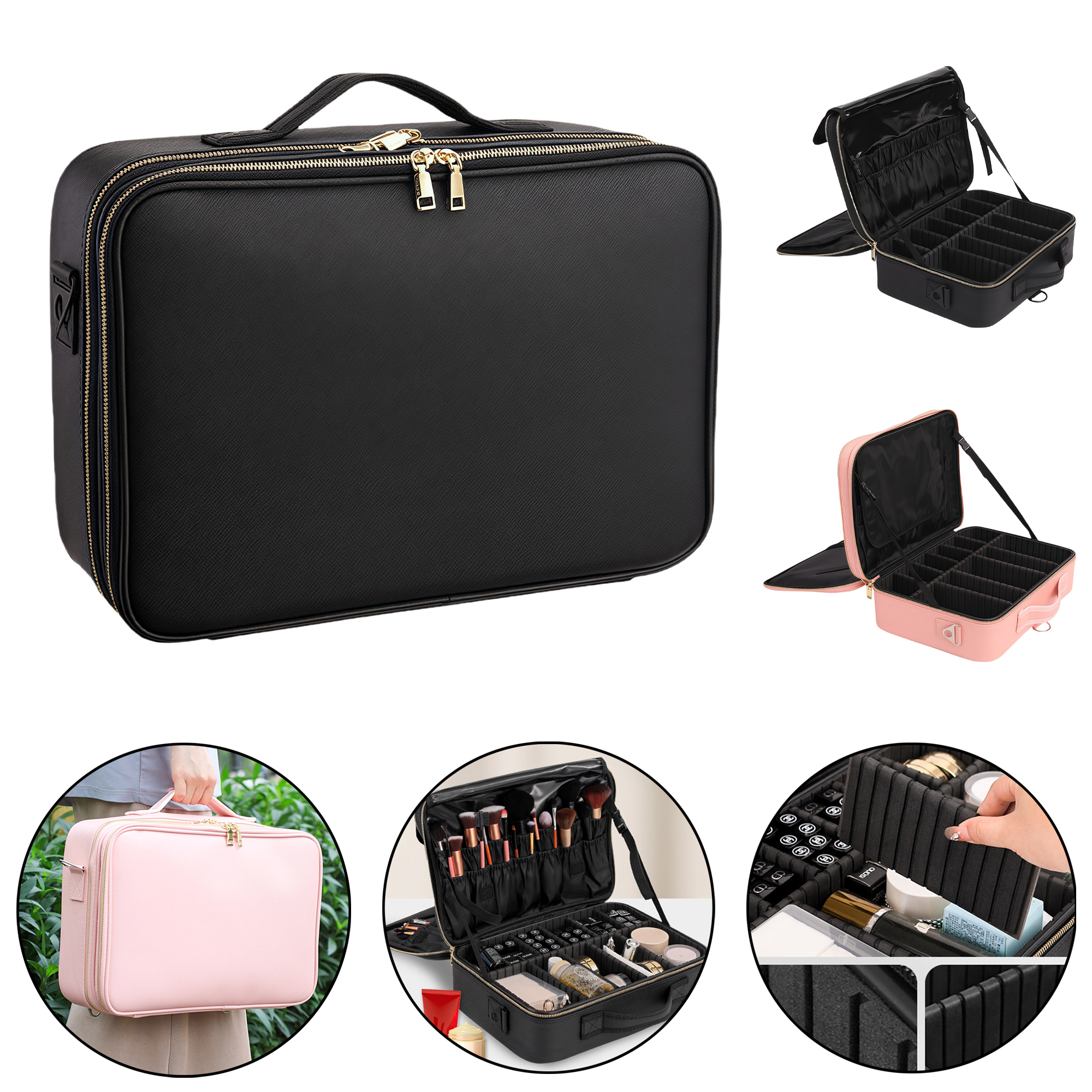 Portable Large Capacity 3-Layer Leather Makeup Bag 3
