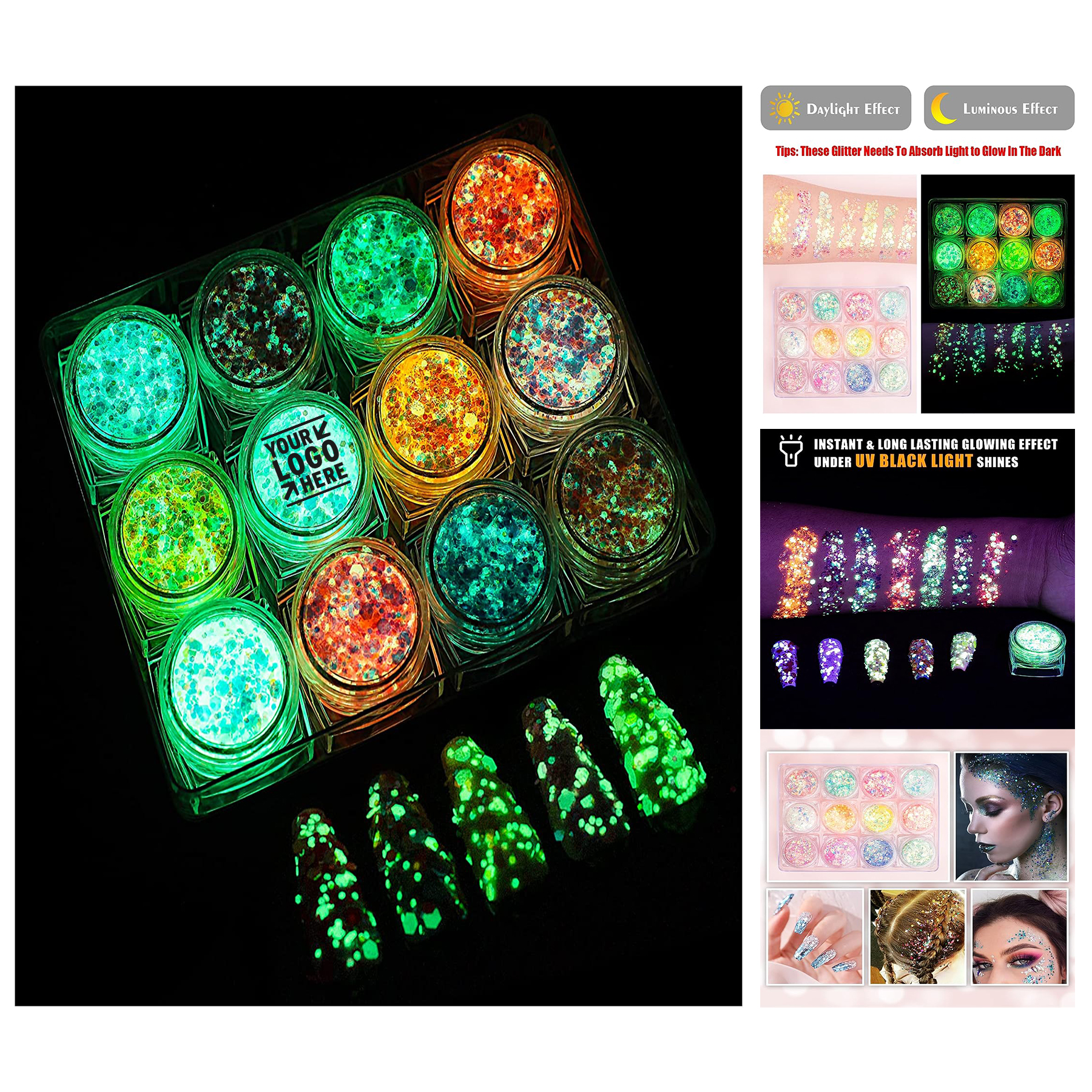 12 Colors Luminous Body Face Makeup Self-Adhesive UV Light Iridescent Glow in The Dark Glitter Gel