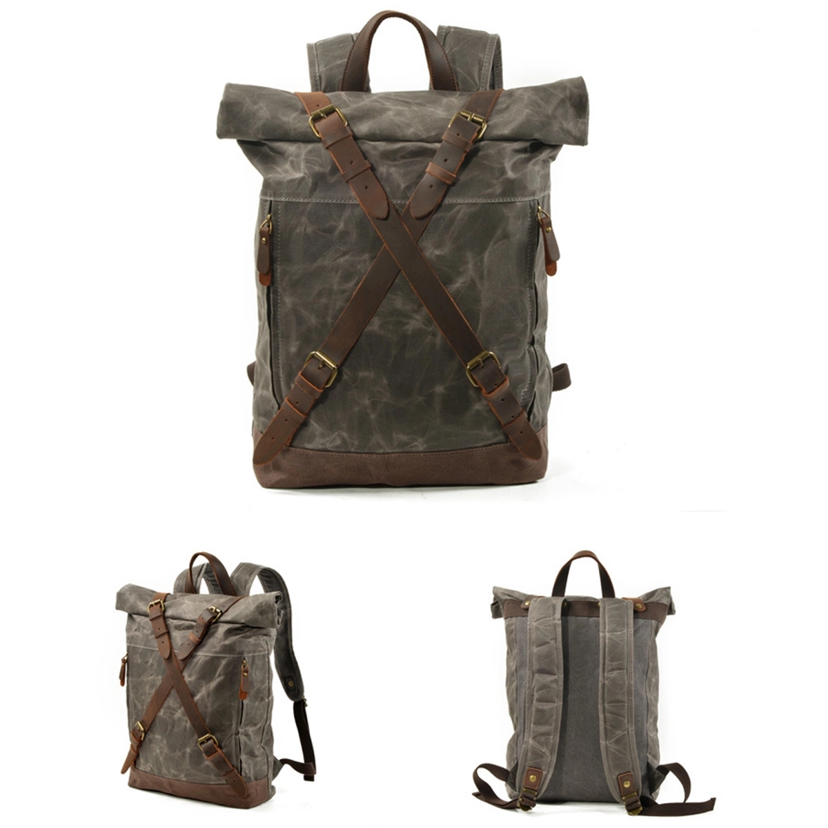 Vintage Waxed Canvas Cowhide Backpack 2