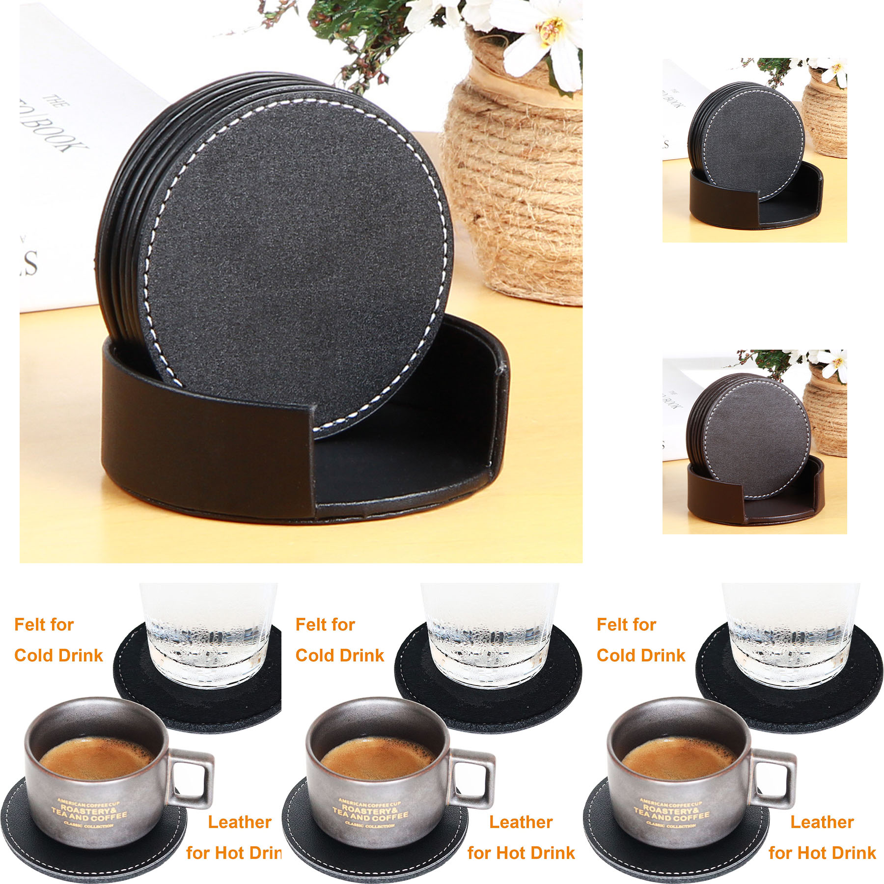 Leather/Felt Absorbent Coasters for Drinks with Holder