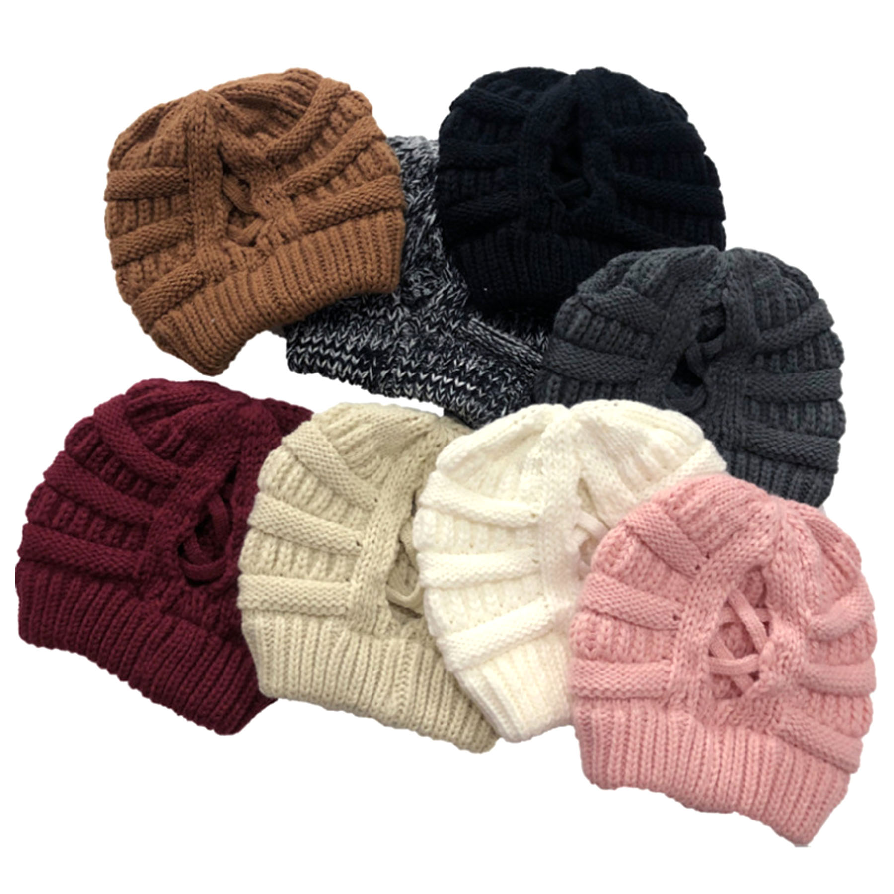 Winter Knitted Ponytail Beanie Hat With Mask Button 1