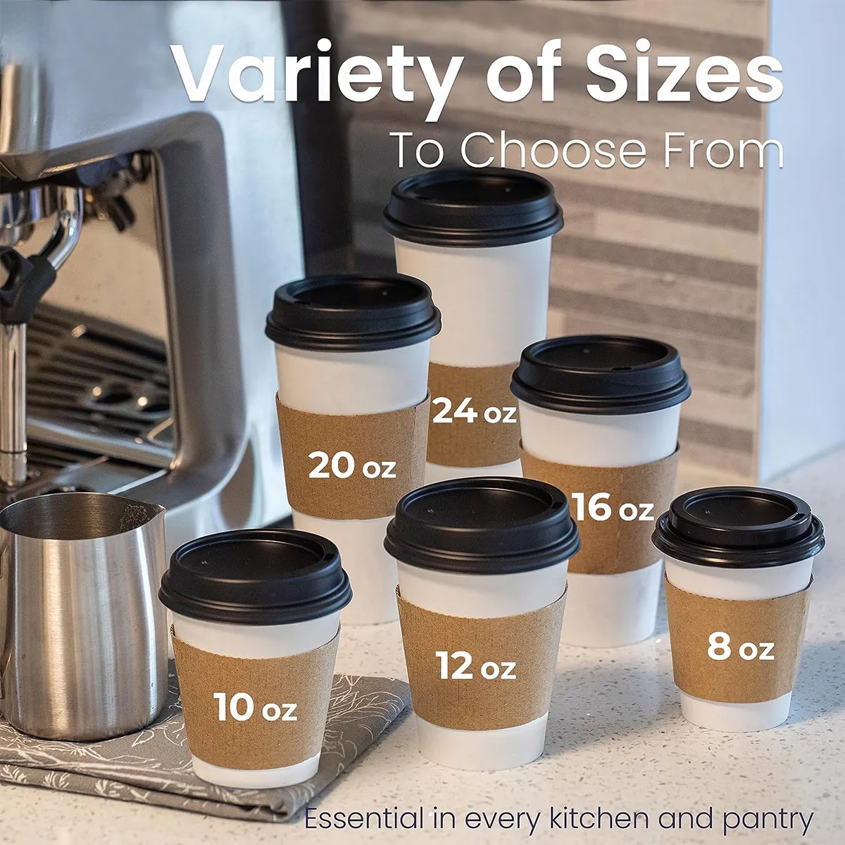 16OZ Black Dome Lid, Kraft Sleeve,White Paper Coffee Cup 5