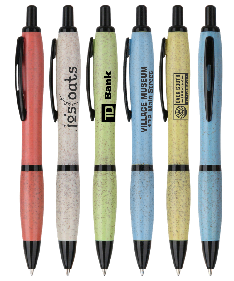 Eco Friendly - Click Action Pen - Solid Colored Wheat Straw Barrels with Grip and Black Metal Clip 1