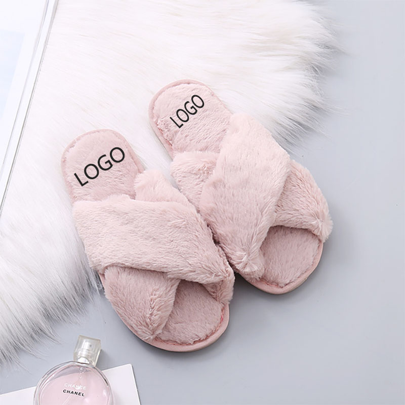 Women's Cross Band Slippers Soft Plush Furry Cozy Open Toe House Shoes 2