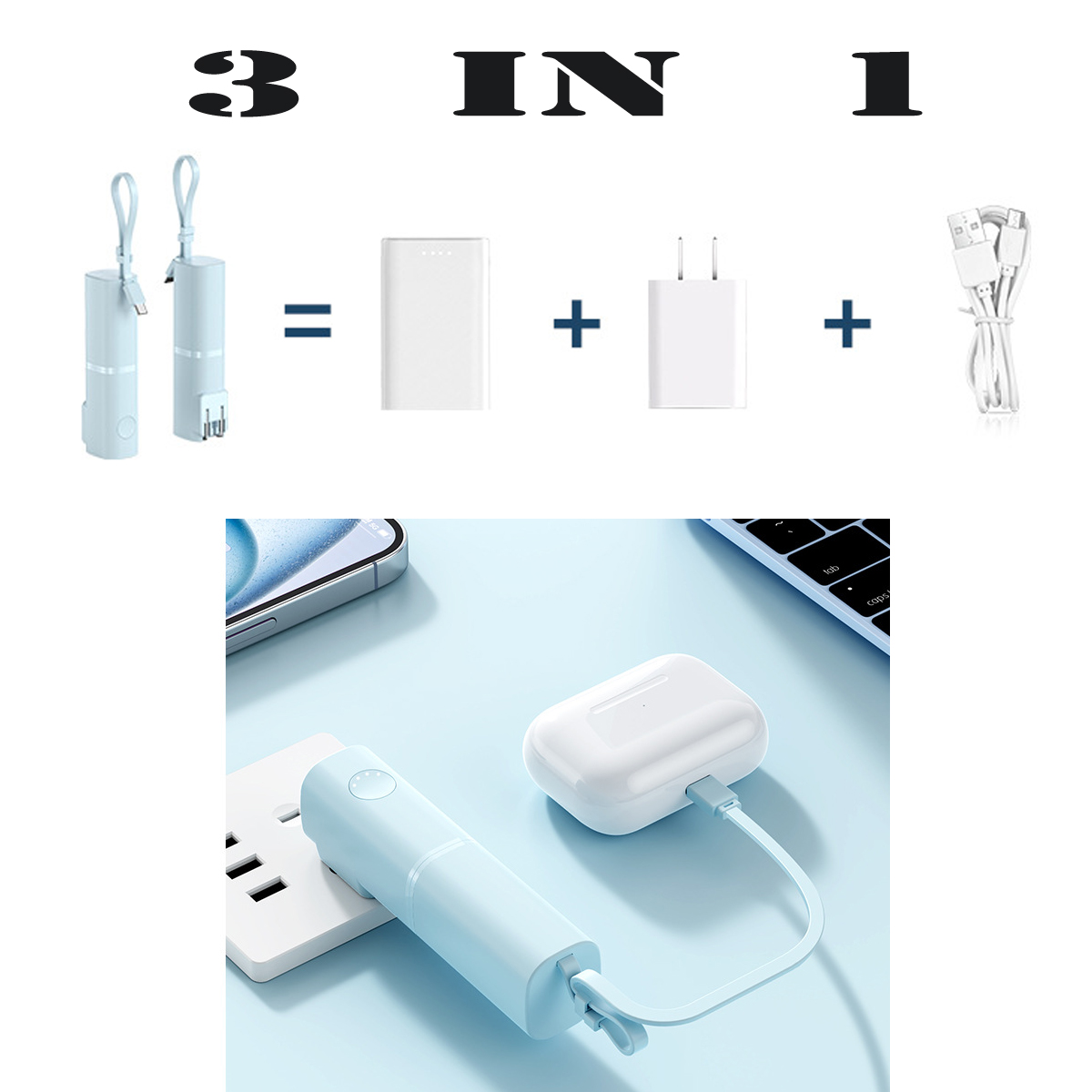 5000mAh Portable Charger with AC Plug and Built-in Cables 2