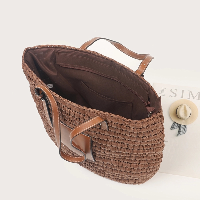 Natural Straw Bag Hand Woven Round Handle Handbags Retro 3