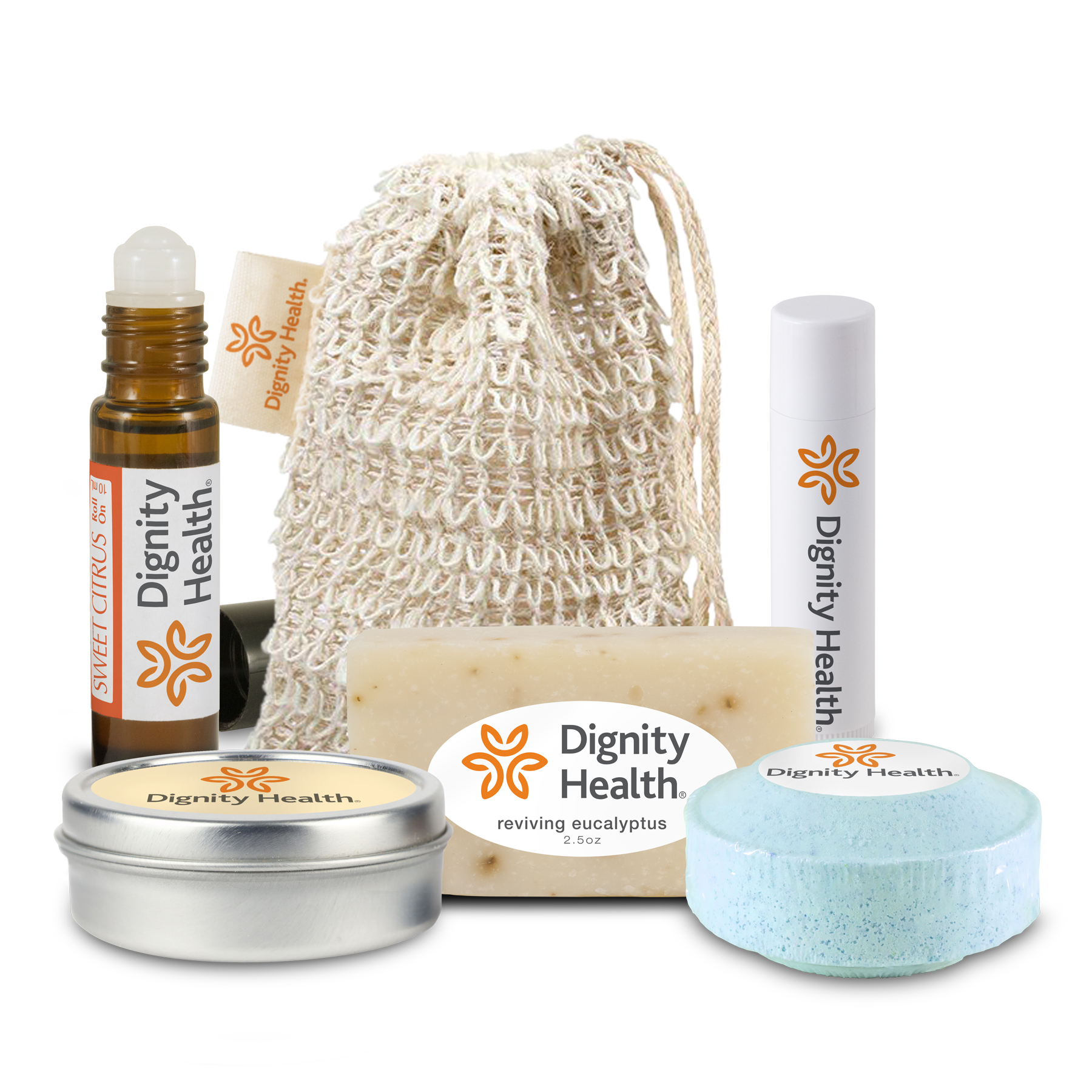 Loofah Bag with Roll-on Essential Oil, Mini Soap, Shower Steamer, Candle Tin, and Lip Balm 2