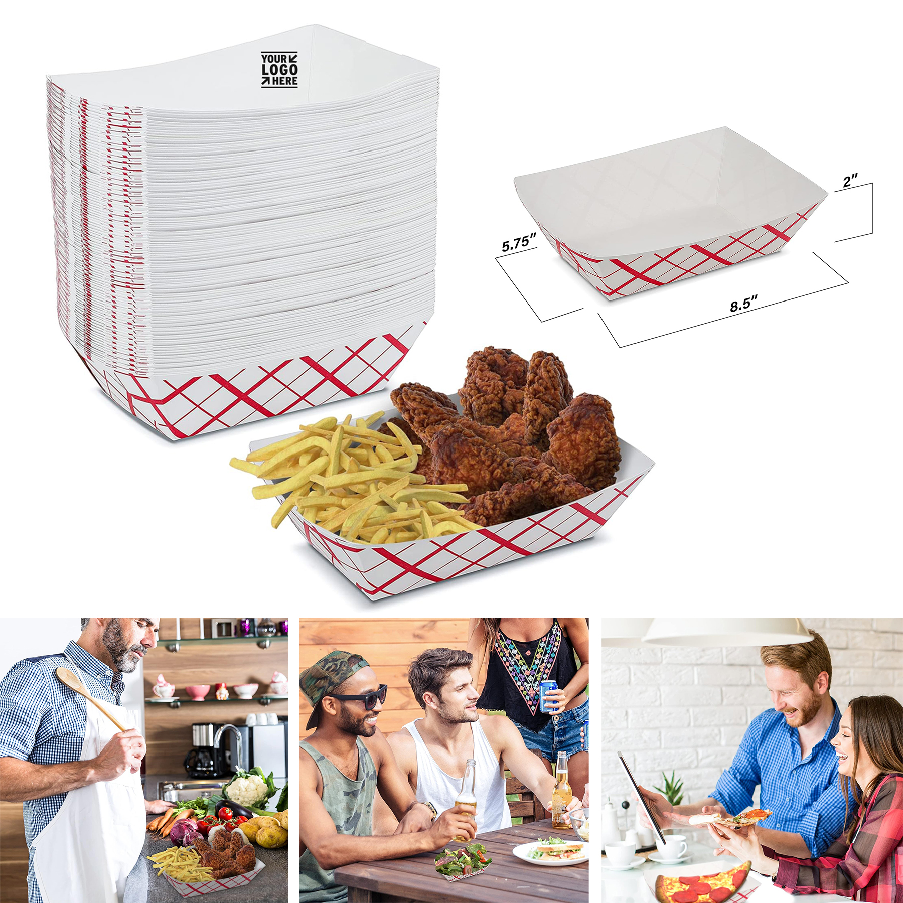 5.75"x 8.5"x 2" 5 lb Recyclable Paper Food Tray Disposable Plaid Classy Red and White Boat
