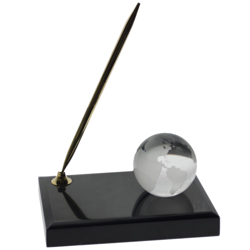 2" Optical Crystal Globe on Marble Base with Pen
