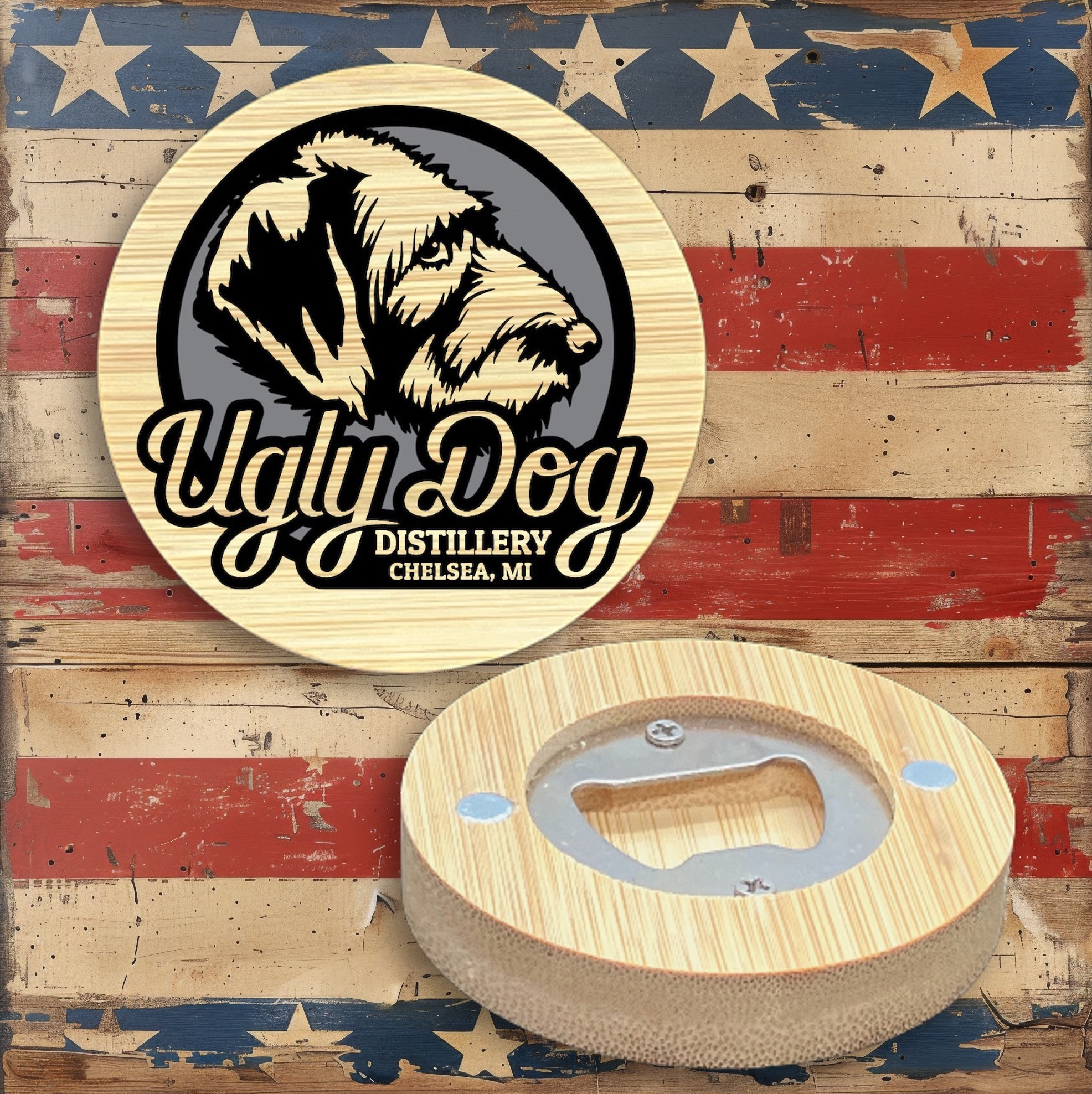 2.5" Round BAMBOO Bottle Opener Magnet 43