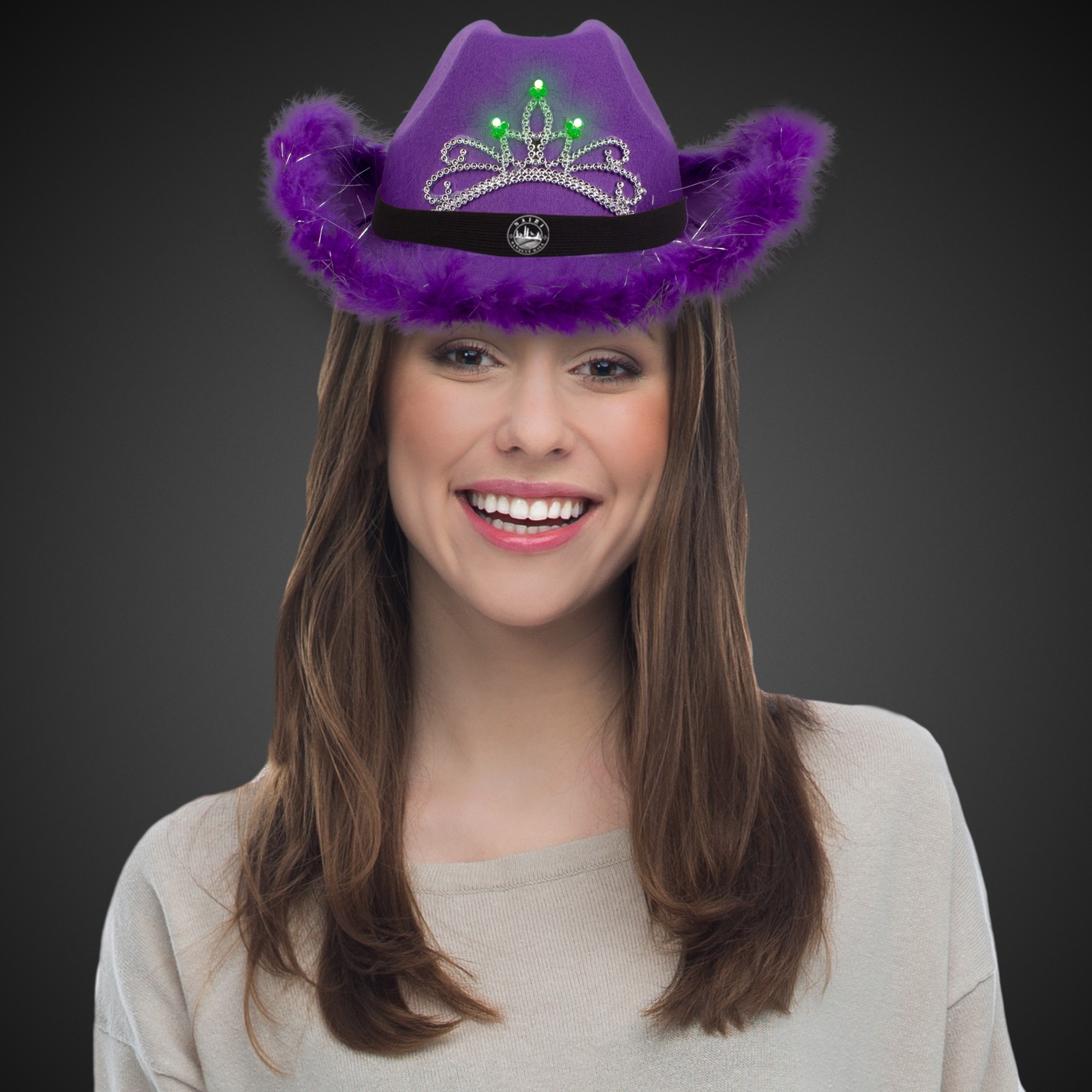 Purple Light Up Cowboy Hat w/ Tiara and Feather(Black Imprinted Band) 2