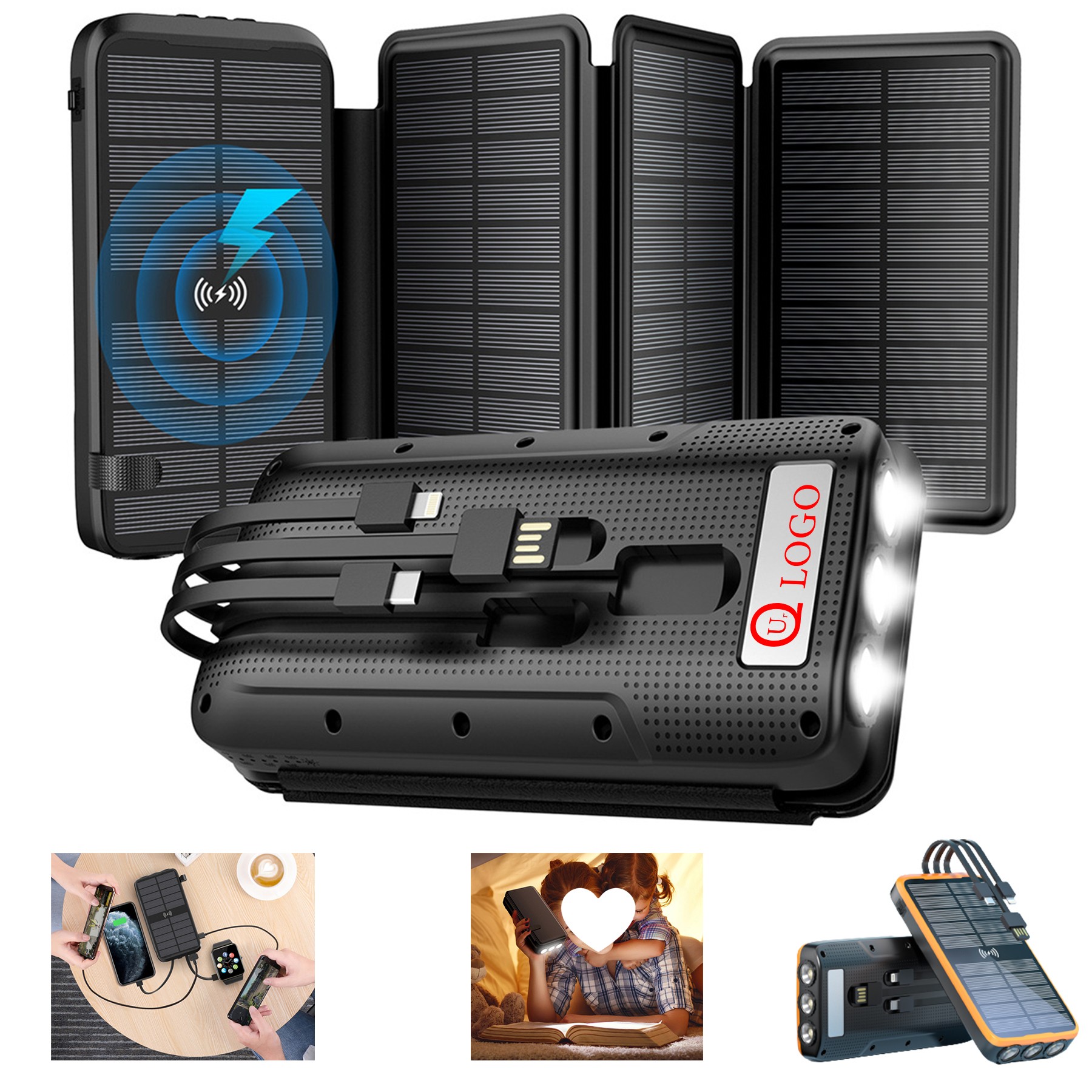 16000Mah Wireless Charging Solar Power Bank Flashlight