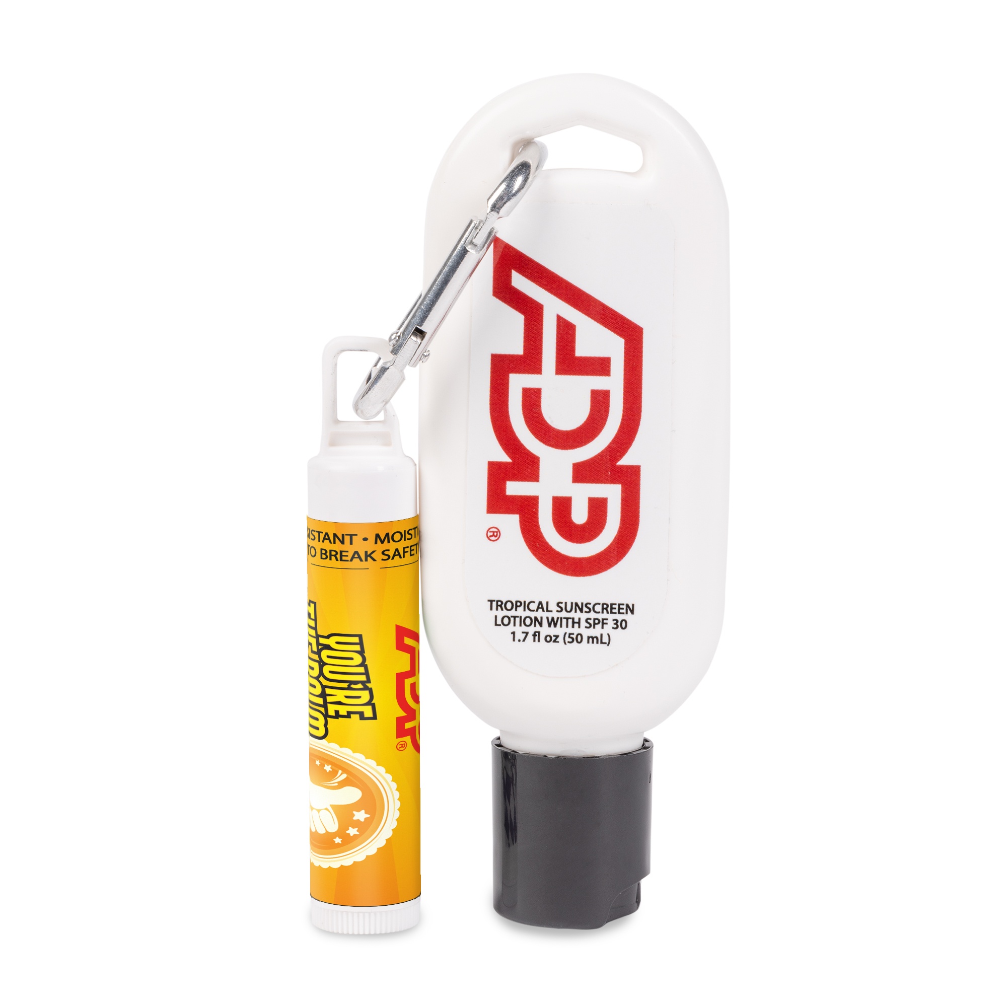 Sunscreen and Lip Balm Combo on Carabiner 1